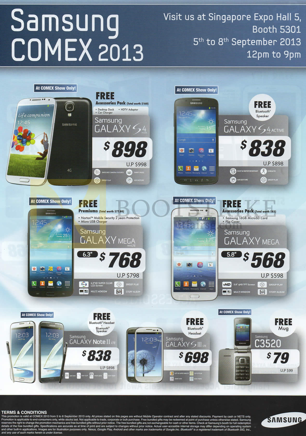 COMEX 2013 price list image brochure of Samsung Smartphones Galaxy S4, S4 Actve, Mega, Note II LTE, S III LTE, C3520