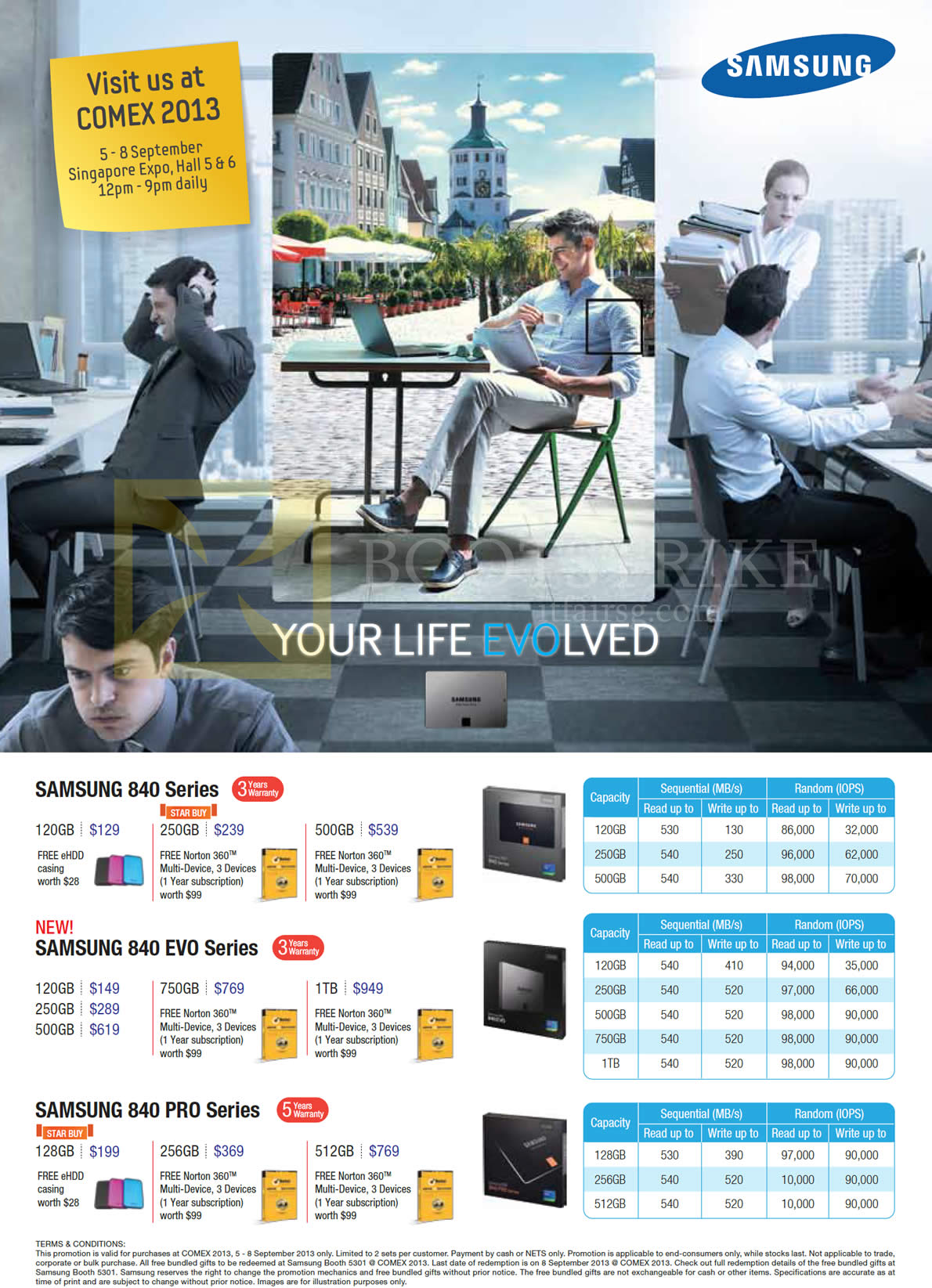 COMEX 2013 price list image brochure of Samsung Storage SSD 840 Series, 840 Evo Series, 840 Pro Series 120GB 250GB 500GB 750GB 1TB 128GB 256GB 512GB