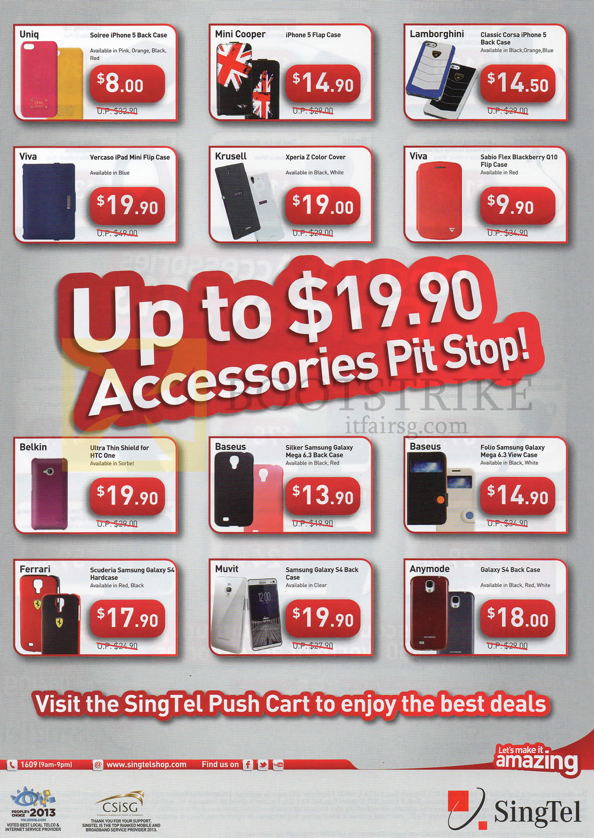 COMEX 2013 price list image brochure of Singtel Accessories Case, Cover, Uniq, Mini Cooper, Lamborghini, Baseus, Ferrari