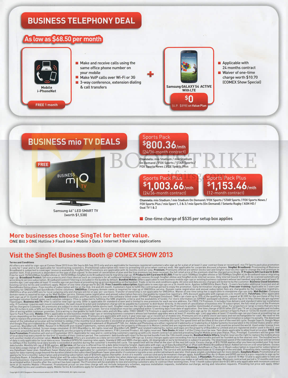 COMEX 2013 price list image brochure of Singtel Business Telephony, Mio TV