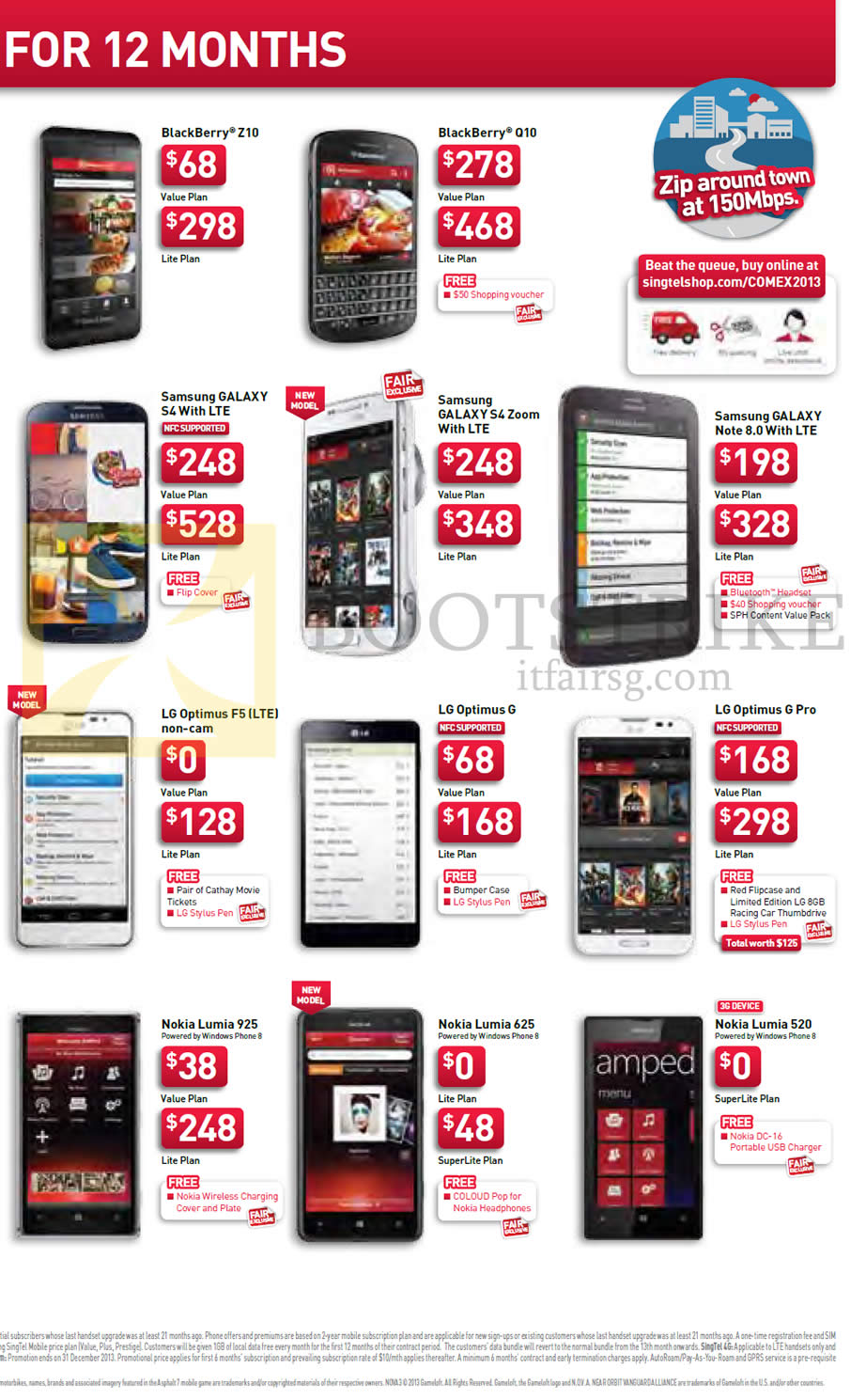 COMEX 2013 price list image brochure of Singtel Mobile Blackberry Z10, Q10, Samsung Galaxy S4, Zoom, Note 8.0, LG Optimus F5, G, G Pro, Nokia Lumia 925, 625, 520