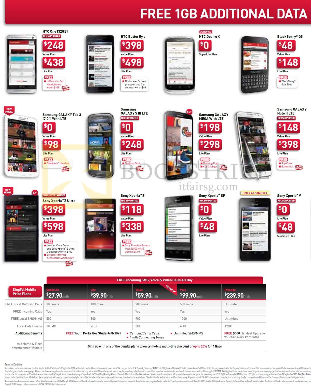 COMEX 2013 price list image brochure of Singtel Mobile HTC One, Butterfly S, Desire X, Blackberry Q5, Samsung Galaxy Tab 3 7.0, S III LTE, Mega, Note II LTE, Sony Xperia Z Ultra, Z, SP, V