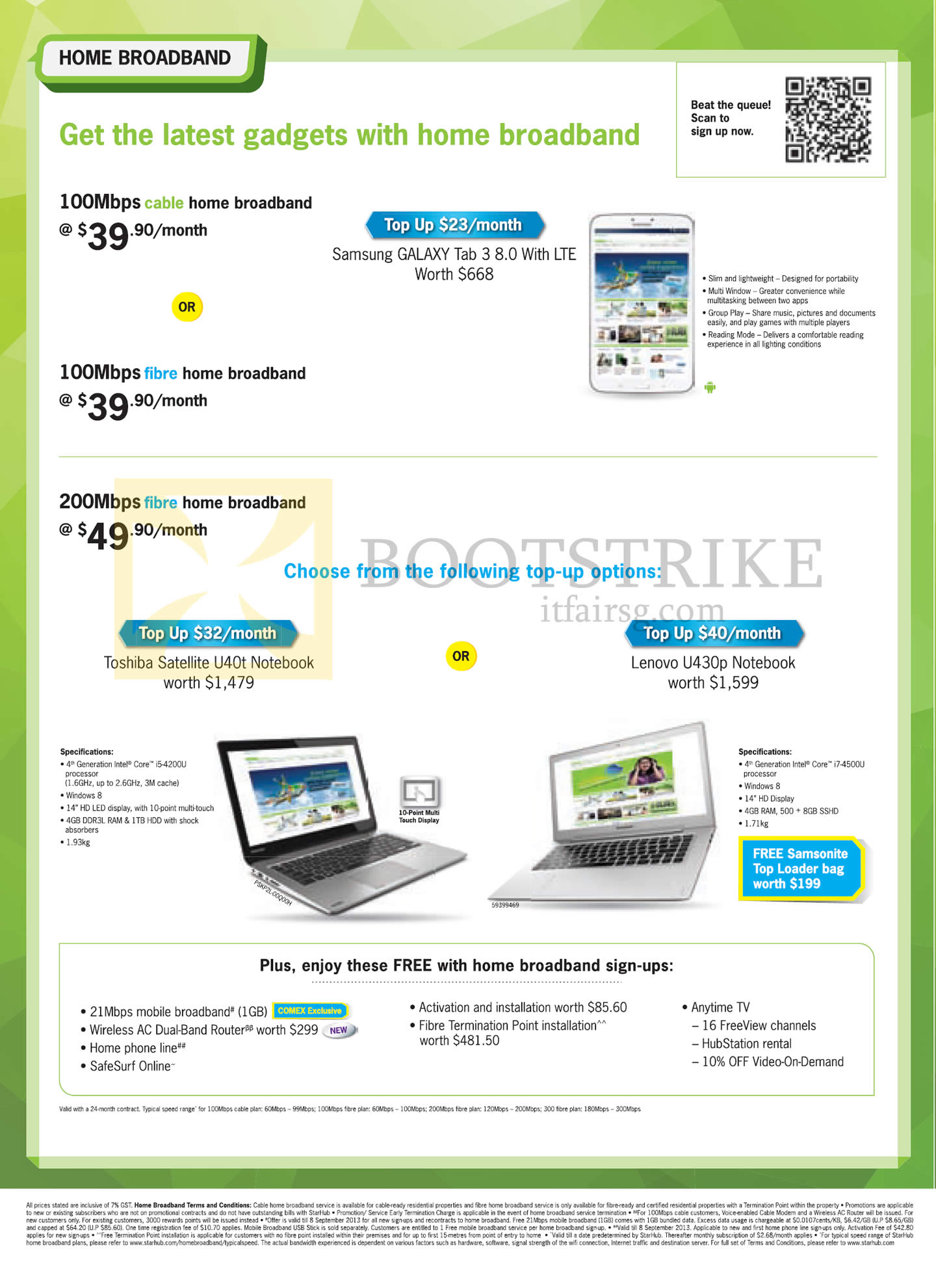 COMEX 2013 price list image brochure of Starhub Broadband Cable 100mbps, Samsung Galaxy Note 3 8.0, 200Mbps, Toshiba Satellite U40t Notebook, Lenovo U430p