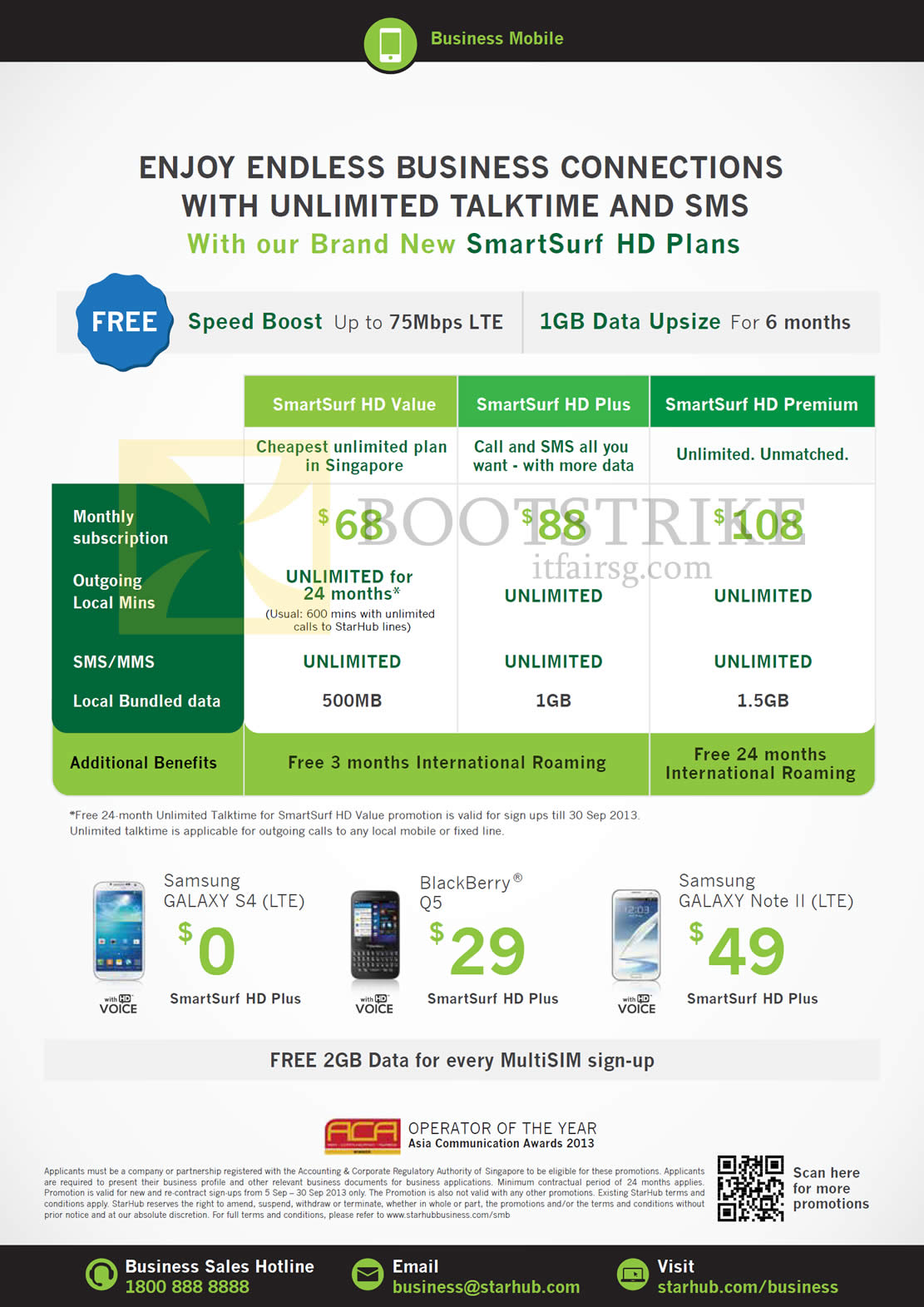 COMEX 2013 price list image brochure of Starhub Business Mobile Plans SmartSurf HD Value Plus Premium, Samsung Galaxy S4, Note II, Blackberry Q5