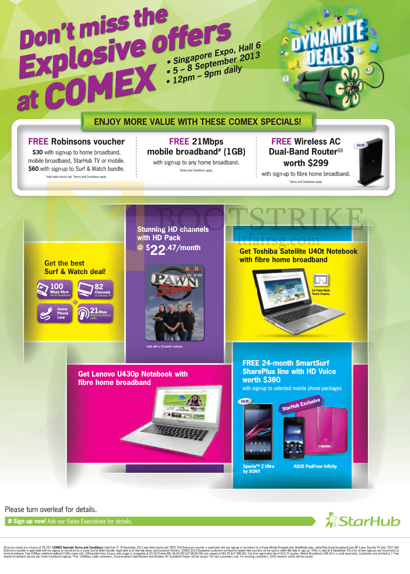 COMEX 2013 price list image brochure of Starhub Roadshow Specials, Free Robinsons Vouchers, Free 21Mbps Mobile Broadband, Free Wireless AC Router, Toshiba Satellite U40t, Lenovo U430p Notebook