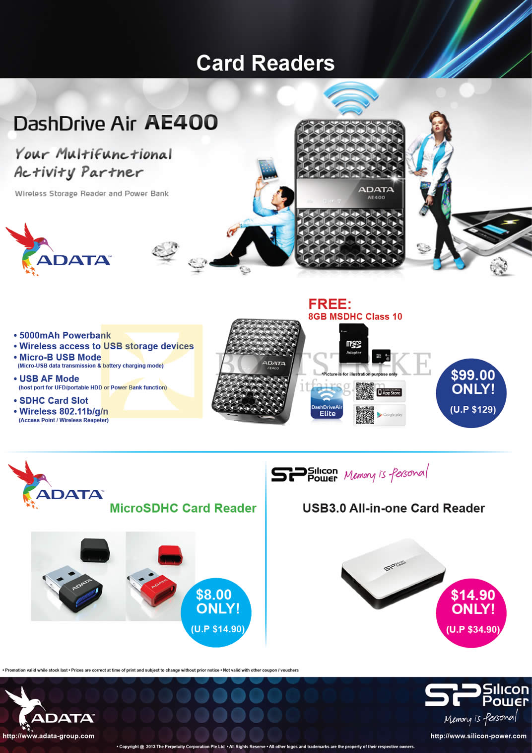 COMEX 2013 price list image brochure of The Perpetuity Silicon Power Adata DashDrive Air AE400 Power Bank External Charger, MicroSDHC Card Reader, USB