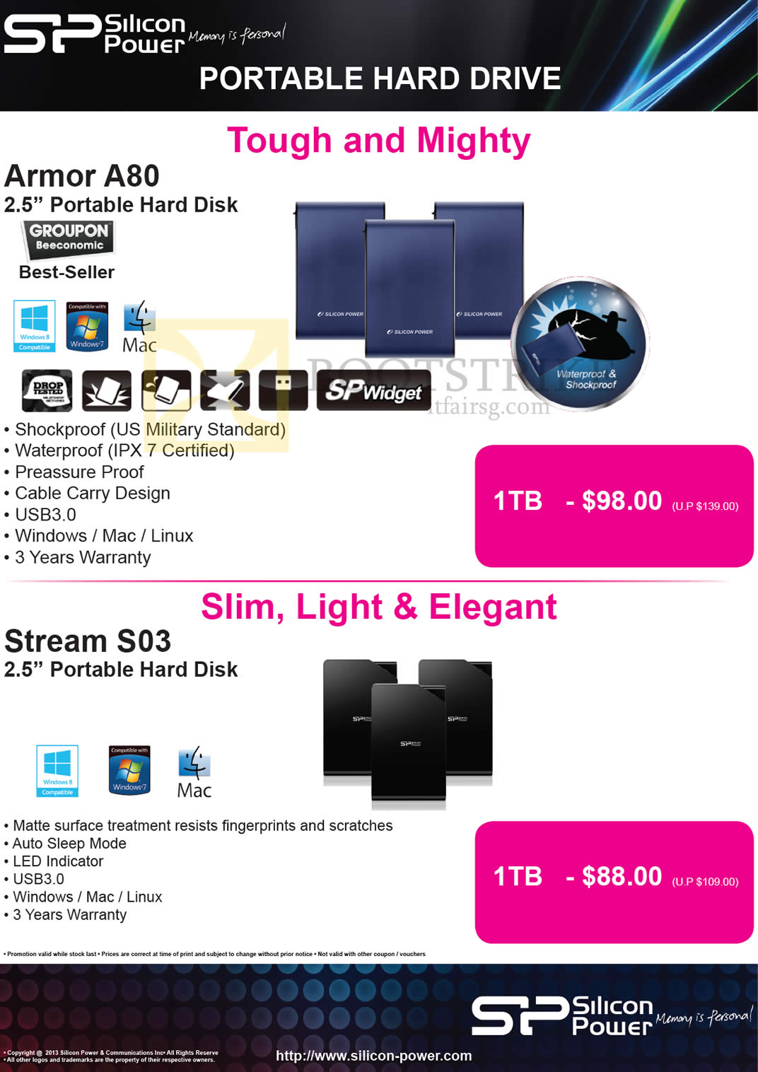 COMEX 2013 price list image brochure of The Perpetuity Silicon Power External Storage Armor A80 1TB, Stream S03