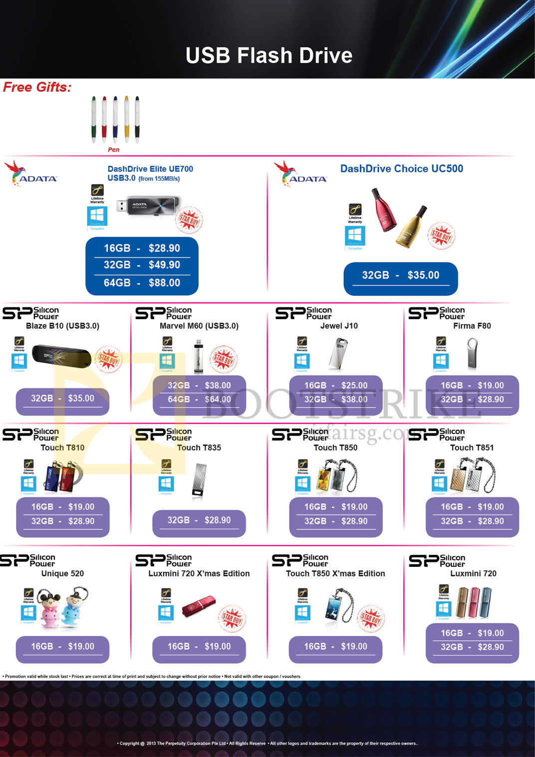 COMEX 2013 price list image brochure of The Perpetuity Silicon Power USB Flash Drives Adata DashDrive Elite UE700, Choice UC500, Blaze B10, Marvel M60, Jewel J10, Firma F80, Touch, Luxmini, Unique