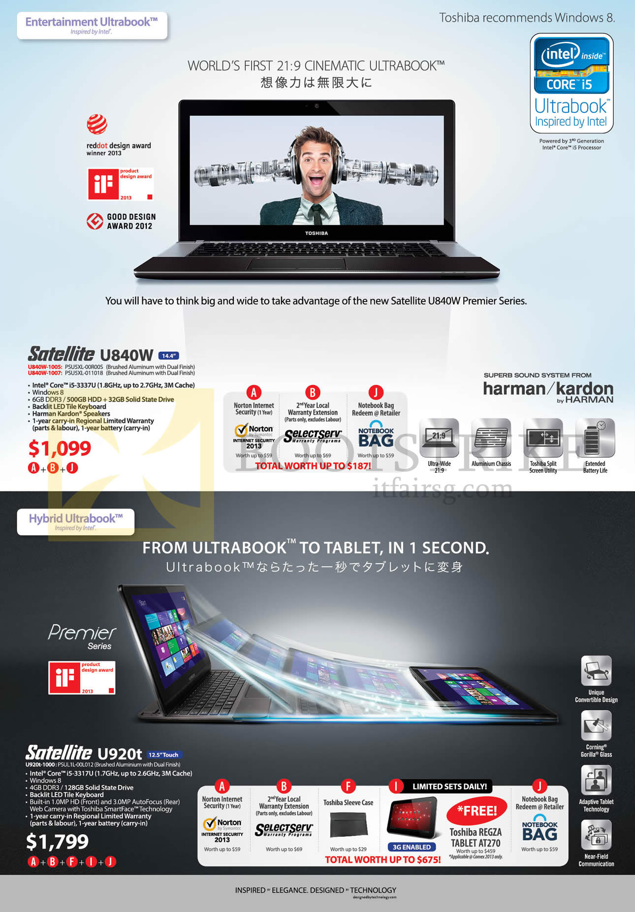 COMEX 2013 price list image brochure of Toshiba Notebooks Satellite U840W-1005 1007, U920t-1000