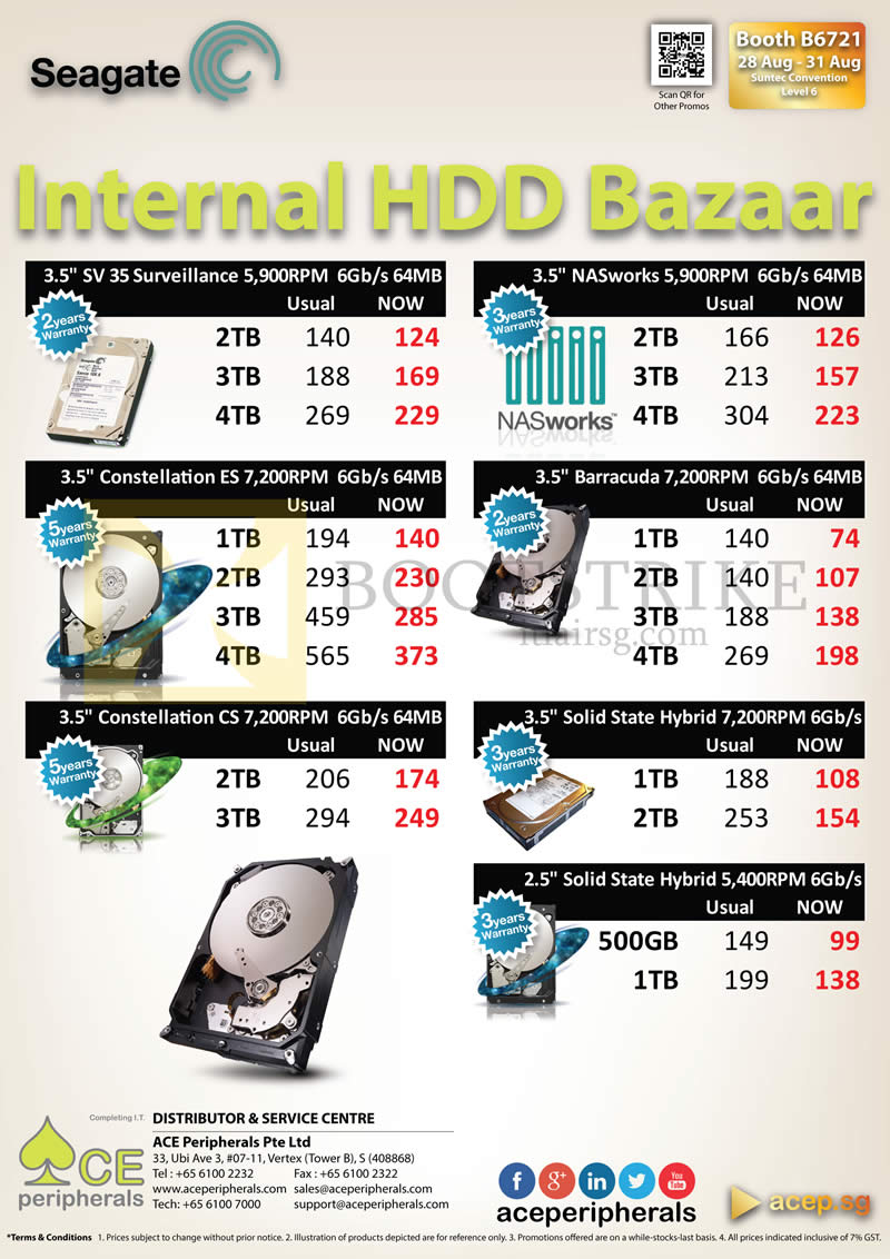 COMEX 2014 price list image brochure of ACE Peripherals Internal HDD Seagate Surveillance, Barracuda, NASworks, SSD Constellation, Solid State Hybrid, 500GB, 1TB, 2TB, 3TB, 4TB