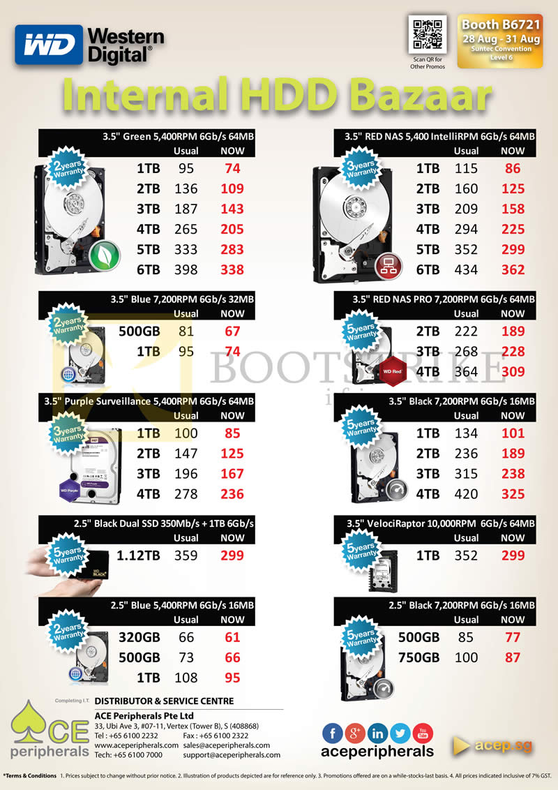 COMEX 2014 price list image brochure of ACE Peripherals Internal HDD Western Digital WD Green, Red, Black, Blue, Purple, VelociRaptor, Dual 500GB, 750GB, 1TB, 1.12TB, 2TB, 3TB, 4TB, 5TB, 6TB