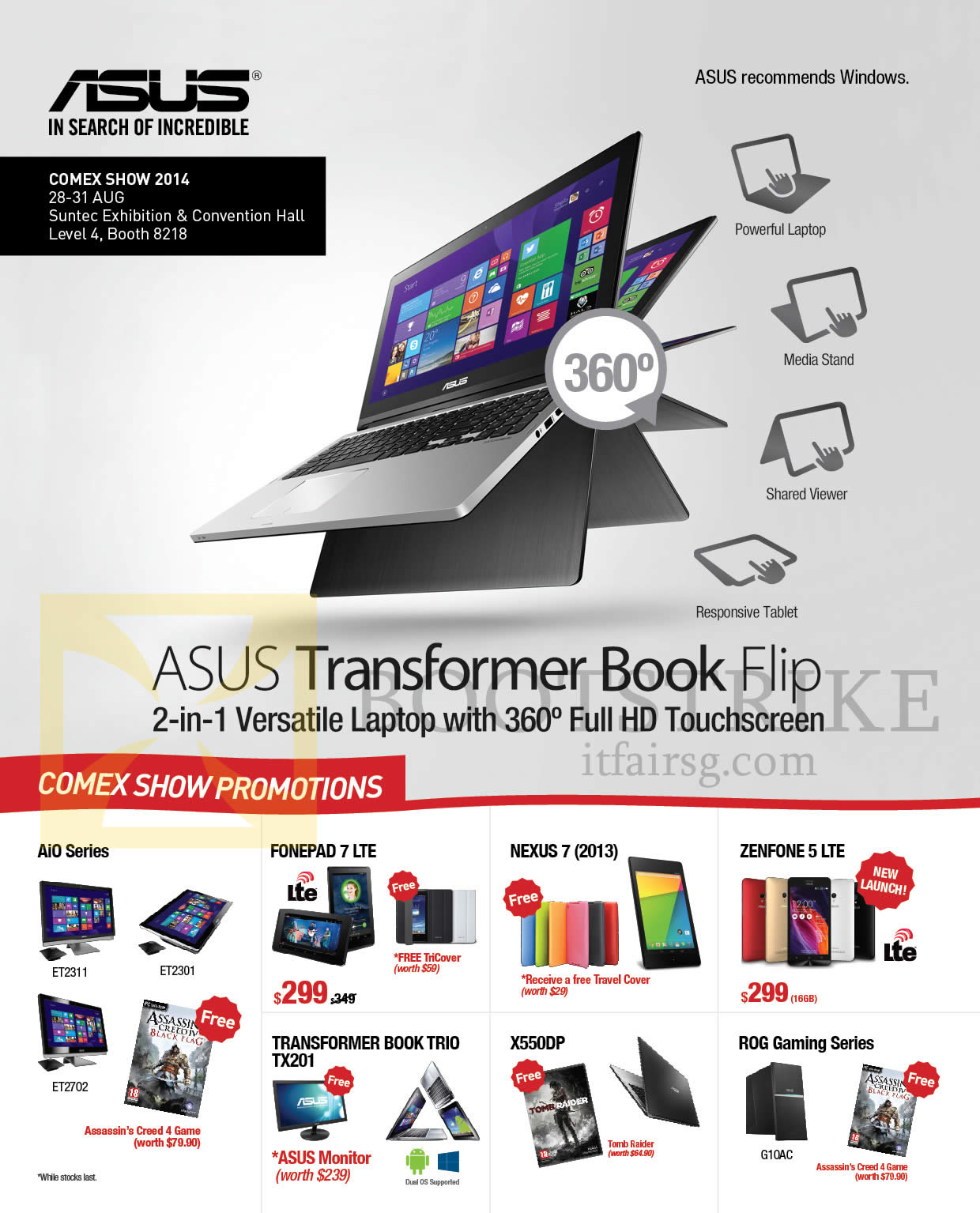 COMEX 2014 price list image brochure of ASUS Comex Show Promotions AIO Series, Fonepad 7, Transformer Book, Nexus 7, Zenfone 5, ROG Gaming Series