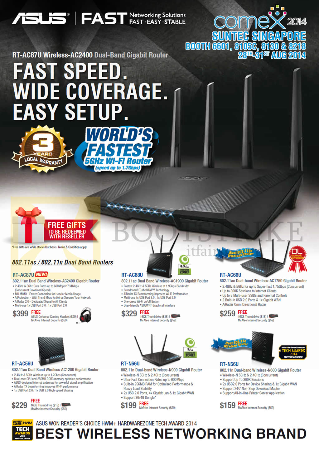 COMEX 2014 price list image brochure of ASUS Networking Dual Band Routers RT-AC87u, AC68U, AC66U, AC56U, N66U, N56U