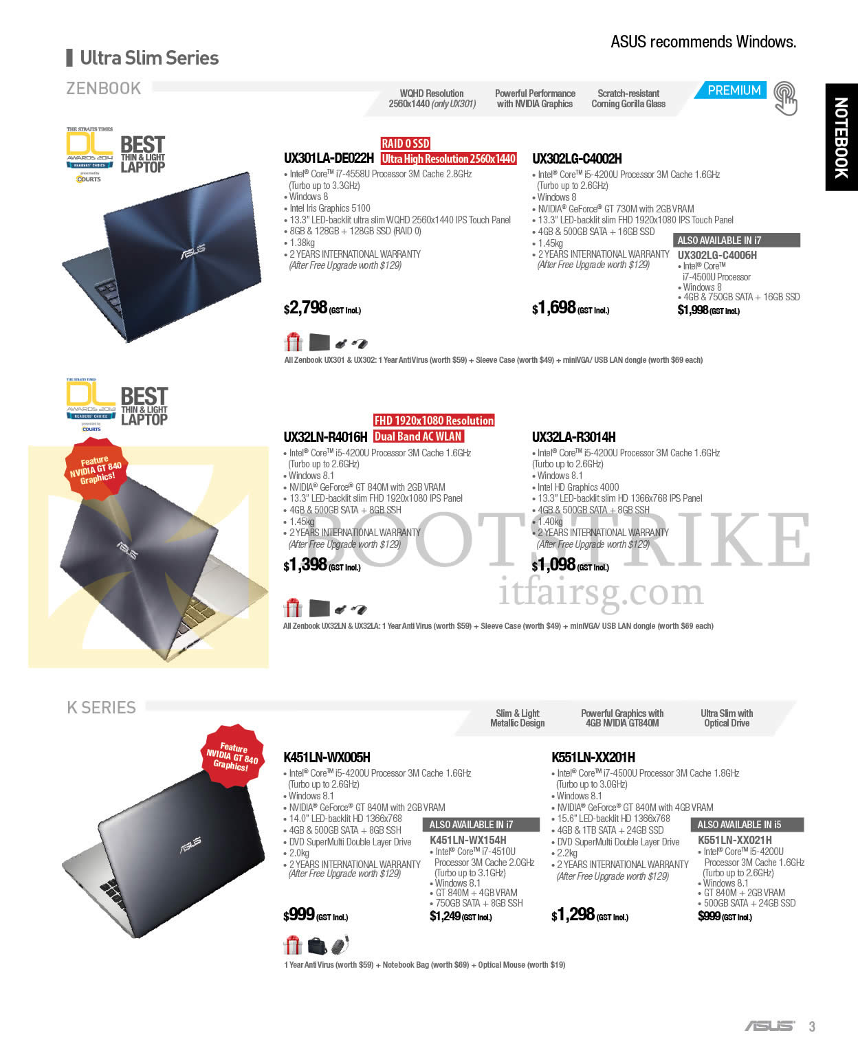 COMEX 2014 price list image brochure of ASUS Notebooks Zenbook Ultra Slim Series UX301LA-DE022H, UX302LG-C4002H, C4006H, UX32LA-R3014H, UX32LN-R4016H, K451LN-WX005H, WX154H, K Series K551LN-XX201H, XX021H