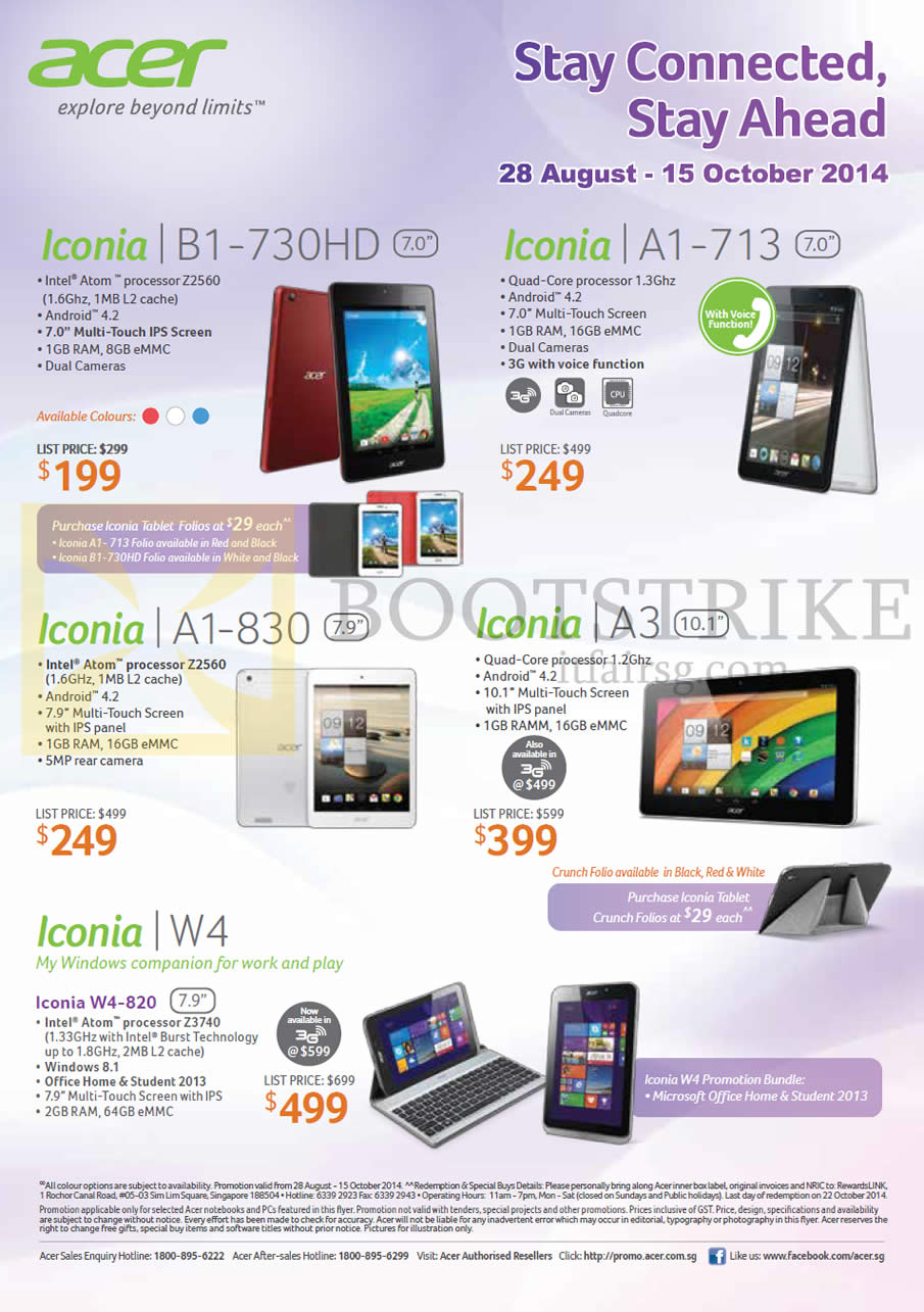 COMEX 2014 price list image brochure of Acer Tablets Iconia B1-730HD, A1-713, A1-830, A3, W4