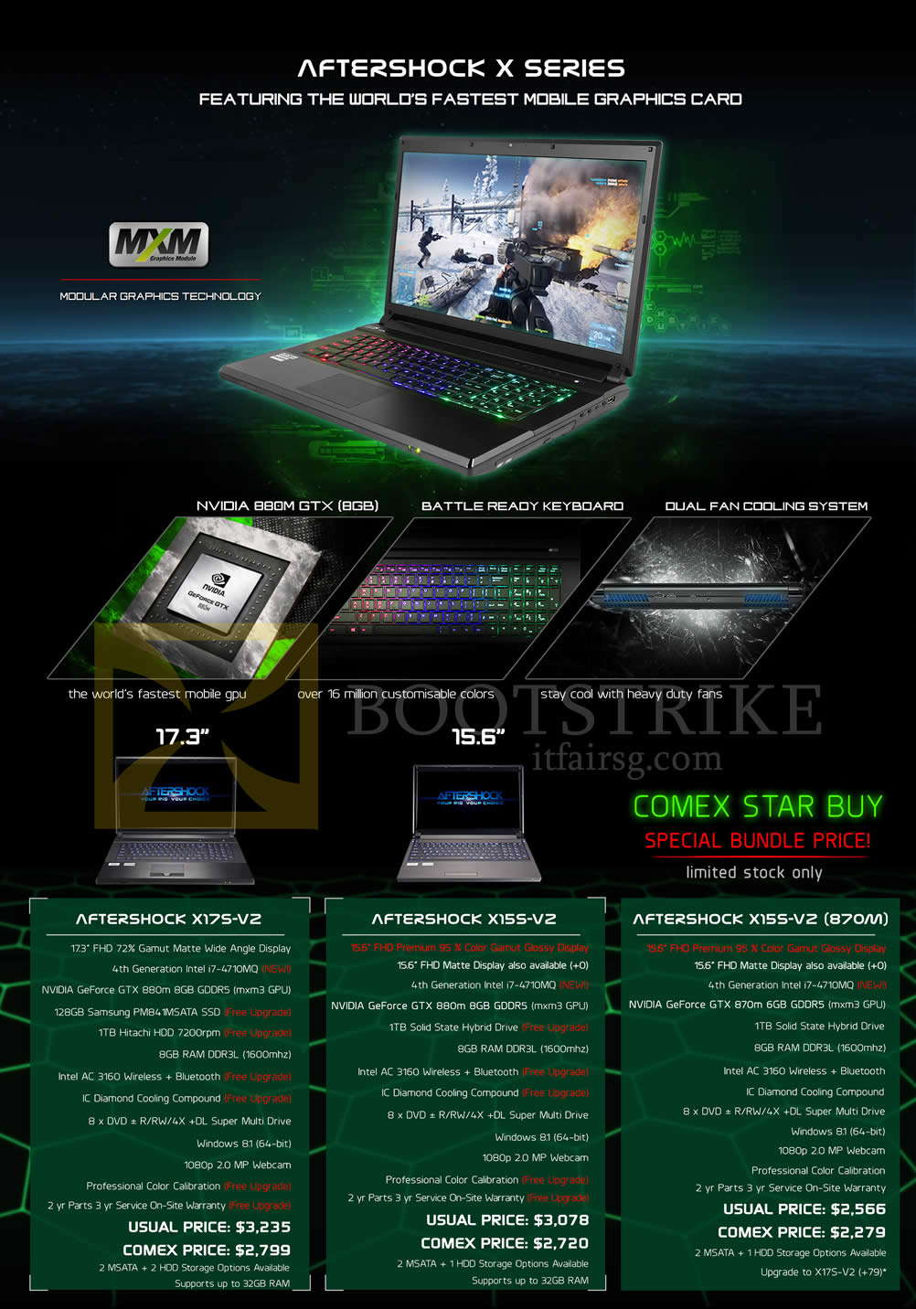 COMEX 2014 price list image brochure of Aftershock Notebooks X Series X17S-V2, X15S-V2, X15S-V2 870M