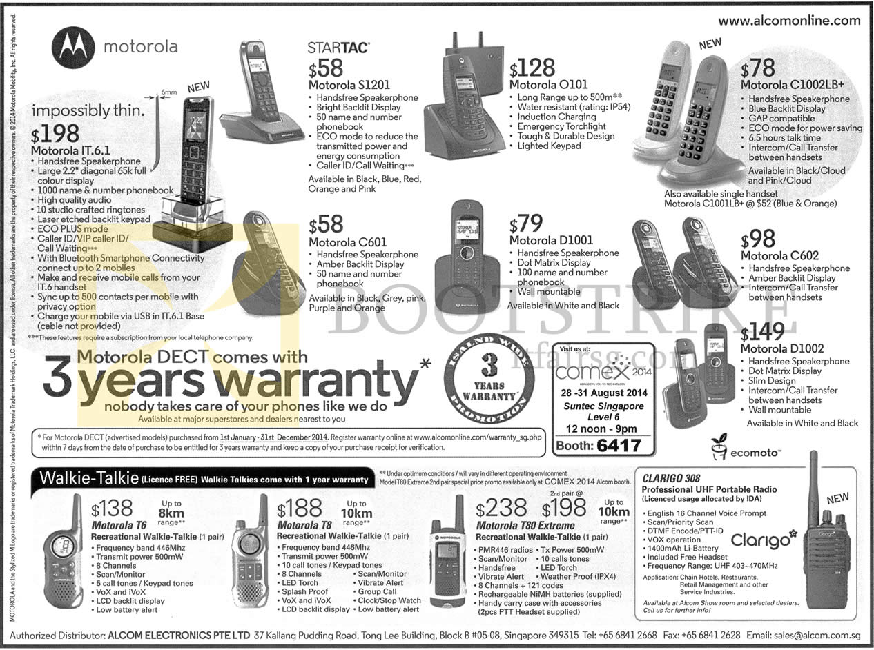 COMEX 2014 price list image brochure of Alcom Motorola Dect Phones IT6.1, S1201, O101, C1002LB Plus, D1001, C601, C602, D1002, T80 Extreme, T8, T6, Clarigo 308