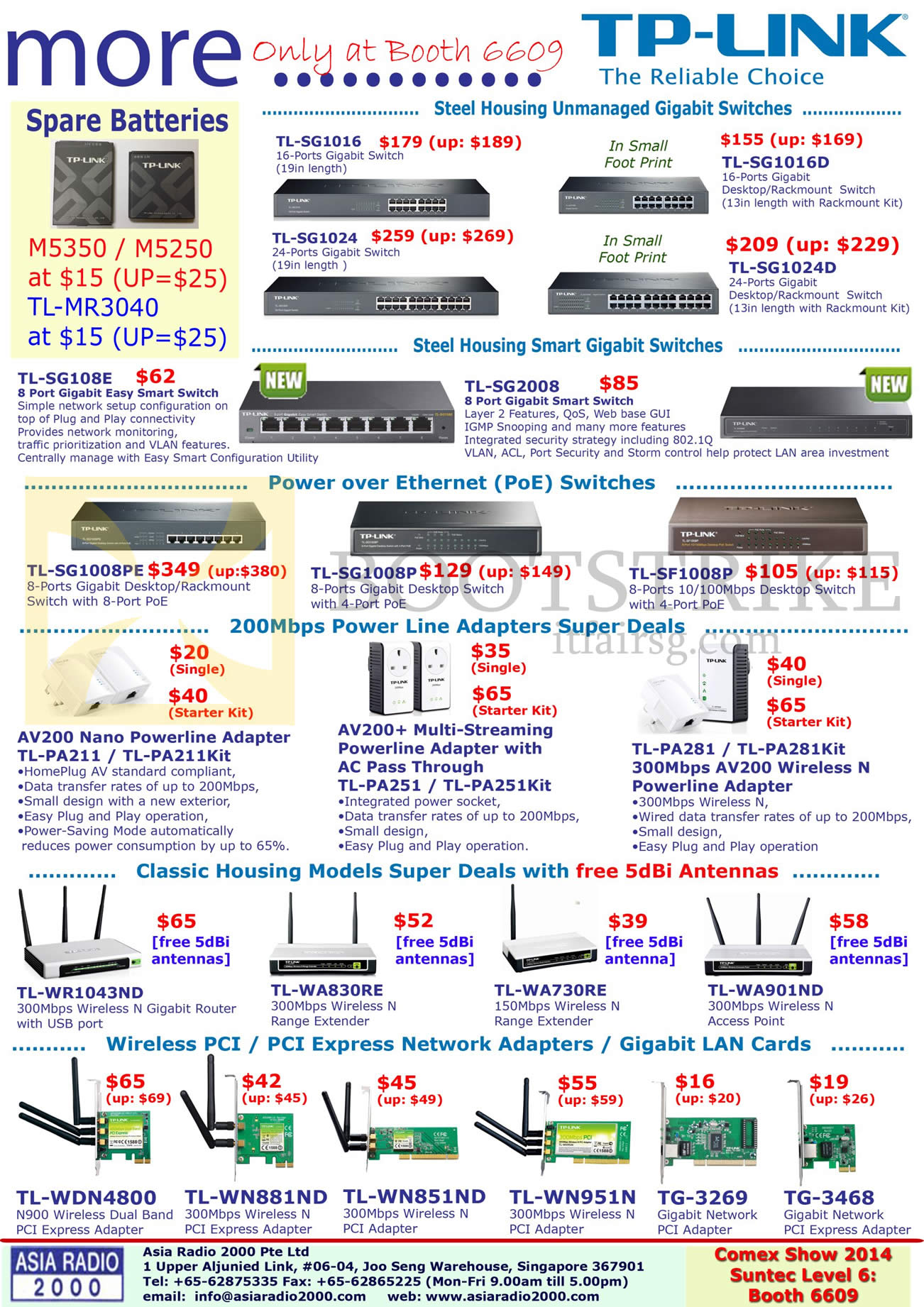 COMEX 2014 price list image brochure of Asia Radio TP-Link Networking Switches, Powerline, Range Extenders, Network Adapters, Batteries, Wireless LAN Cards PCI Express