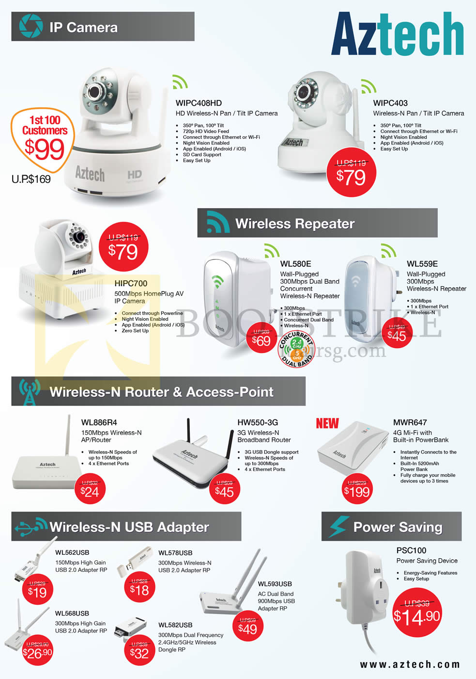 COMEX 2014 price list image brochure of Aztech IPCam, Wireless Repeater, Router, USB Adapter, Power Saving, WL580E WL559E HIPC700 WIPC403 WIPC408HD WL886R4 MWR647