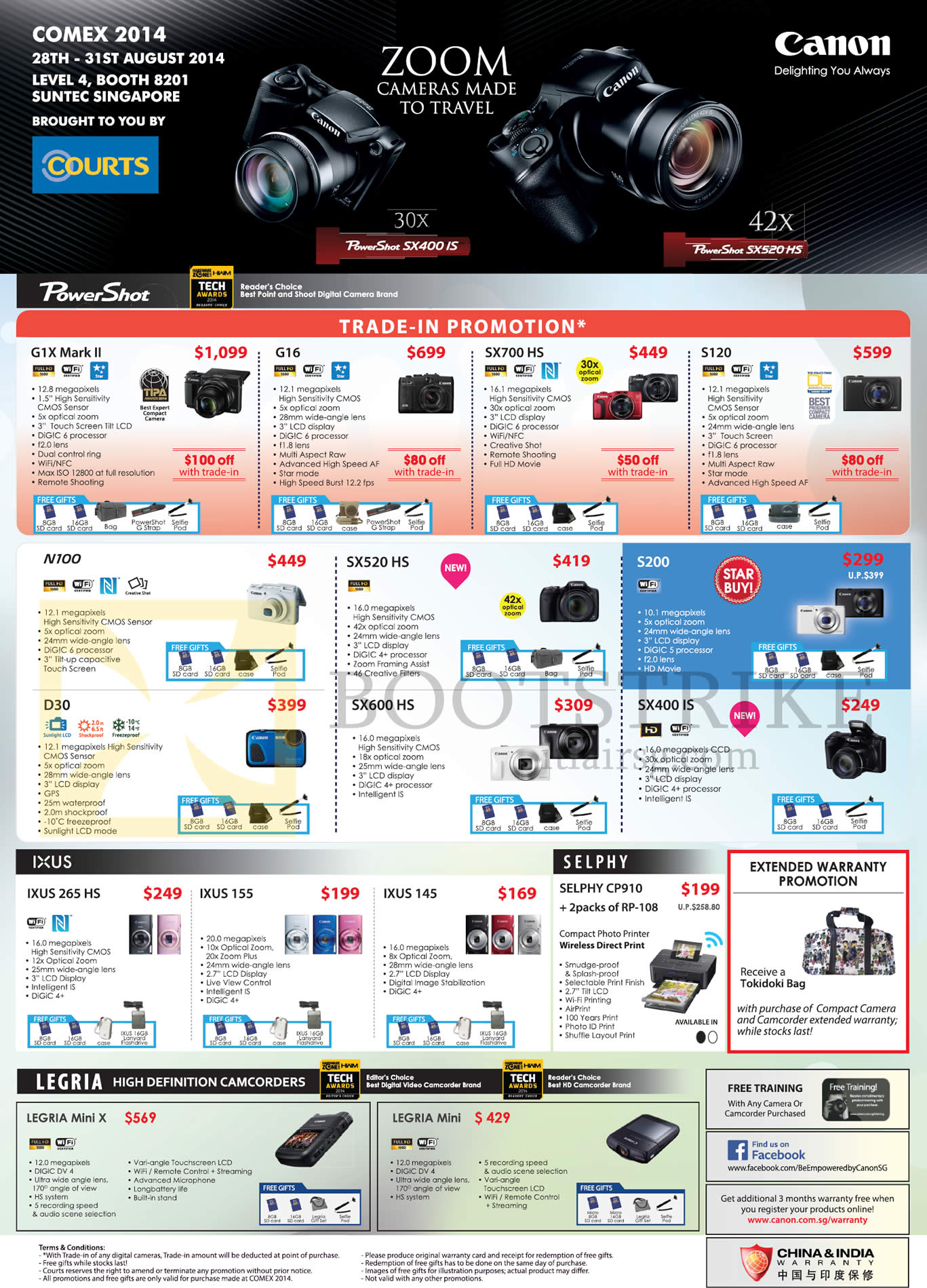 COMEX 2014 price list image brochure of Canon Digital Cameras Ixus, Selphy, Legria, G1X Mark II, G16, SX700HS, S120, N100, D30, SX520HS, SX600HS, S200, SX400IS, IXUS 265HS, 155, 145, Selphy CP910, Legria MiniX, Mini