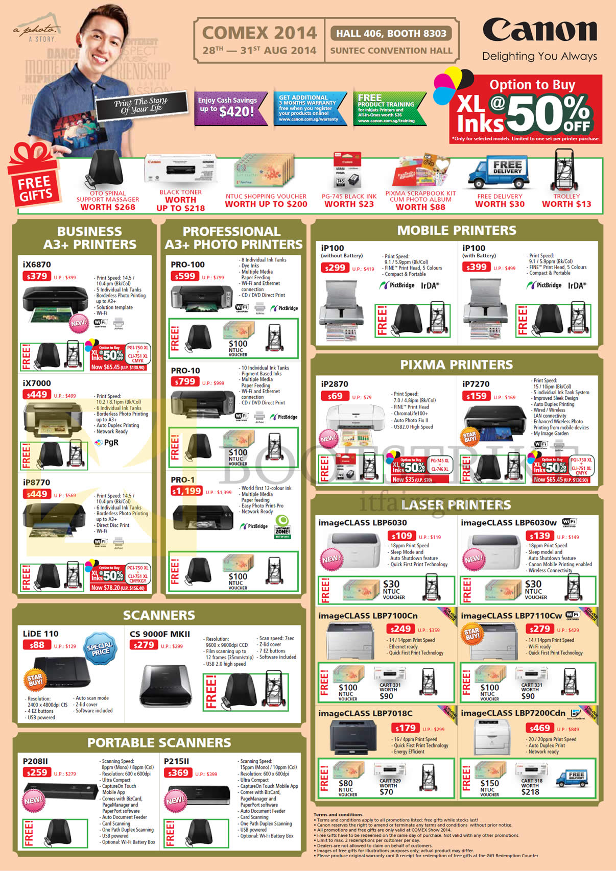 COMEX 2014 price list image brochure of Canon Printers, Scanners, Photo Printers, Laser, Mobile, Pixma, IX6870, IX7000, Pro-100, Pro-10, Pro-1, Lide 110, CS9000F MK II, P215II, IP100, IP2870, IP7270