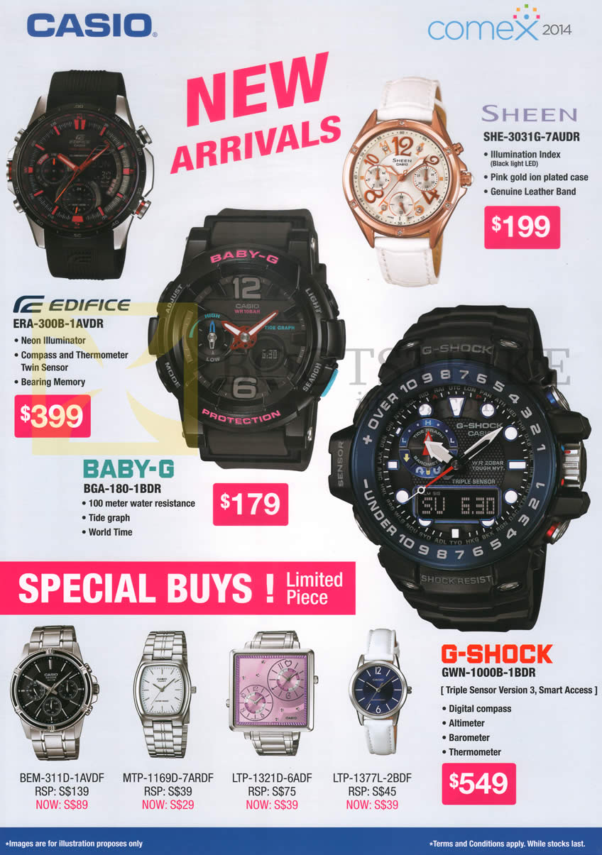 COMEX 2014 price list image brochure of Casio Wrist Watches Sheen. Edifice, Baby-G, G-Shock