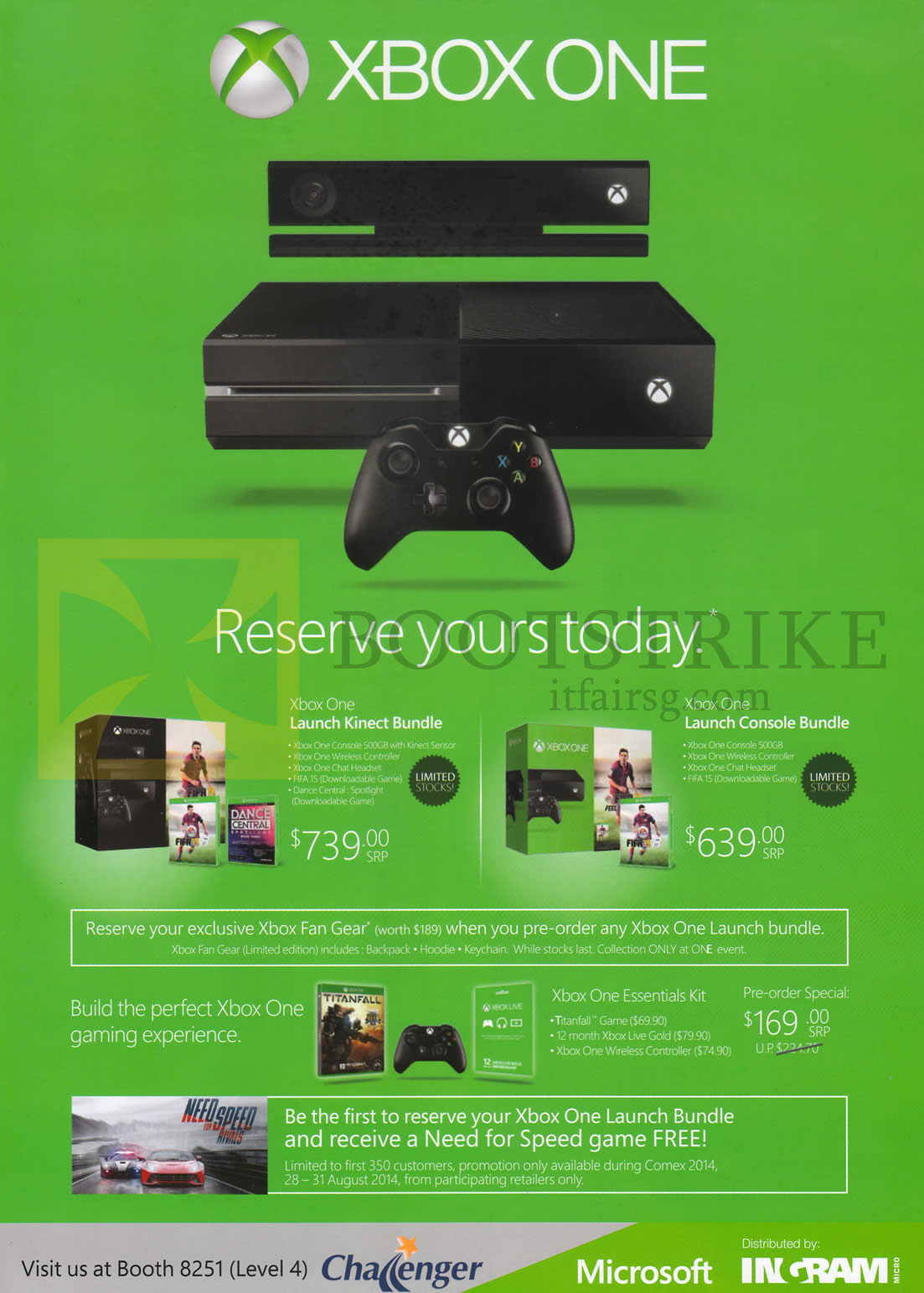 COMEX 2014 price list image brochure of Challenger Xbox One Launch Kinect Bundle, Launch Console Bundle, Essentials Kit, Comex Launch Free Gift