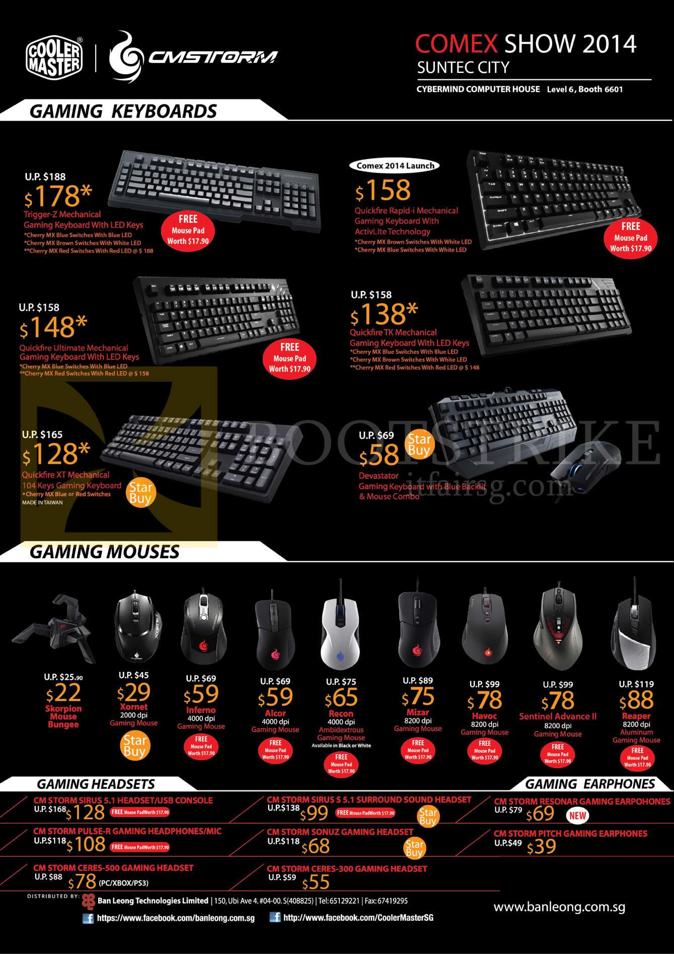 COMEX 2014 price list image brochure of Cybermind Cooler Master CMStorm Keyboards, Mouse, Gaming Headsets, Earphones, Quickfire XT Mechanical, Devastator, Xornet, Alcor, Mizar, Reaper, Sirus, Pulse-R, Resonar, Pitch