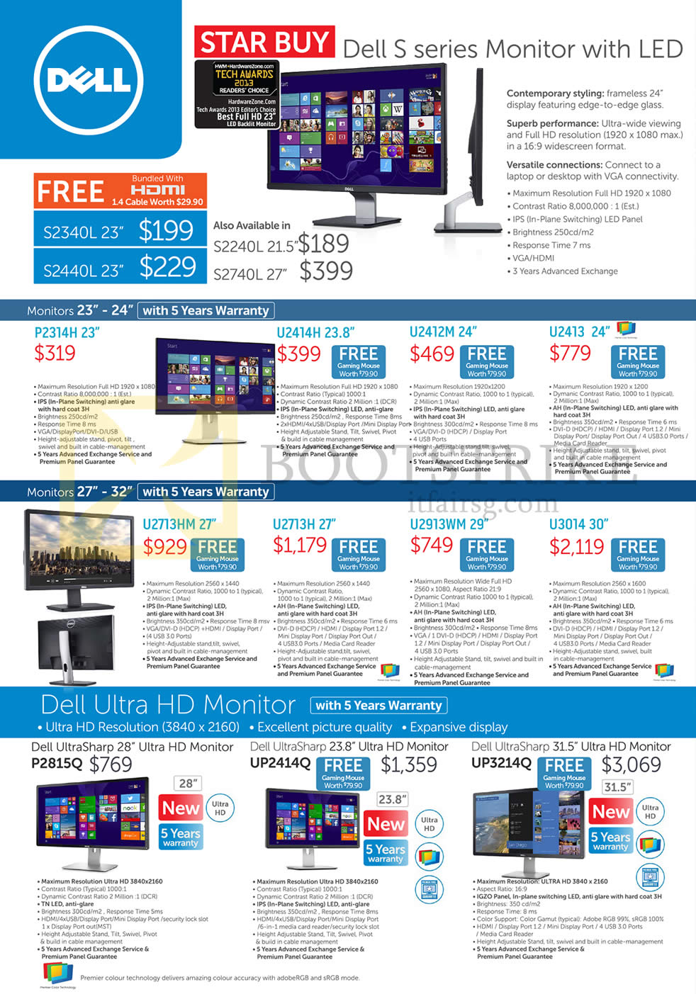 COMEX 2014 price list image brochure of Dell Monitors LED S2340L, S2240L, S2740L, S2440L, P2314H, U2414H, U2412M, U2413, U2713HM, U2713H, U2913WM, U3014, UltraSharp, P2815Q, UP2414Q, UP3214Q