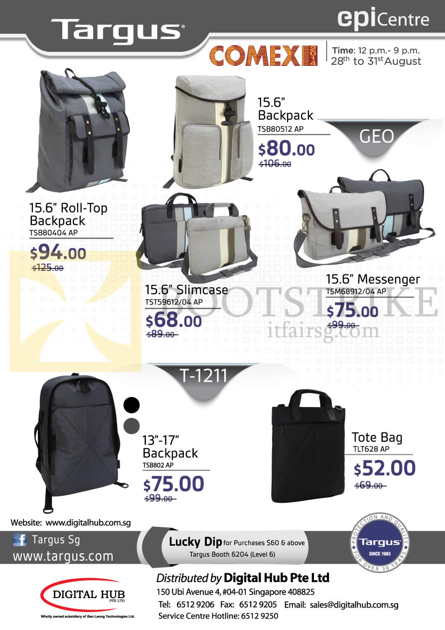 COMEX 2014 price list image brochure of EpiCentre Targus Backpack, Slimcase, Messenger, Tote Bags