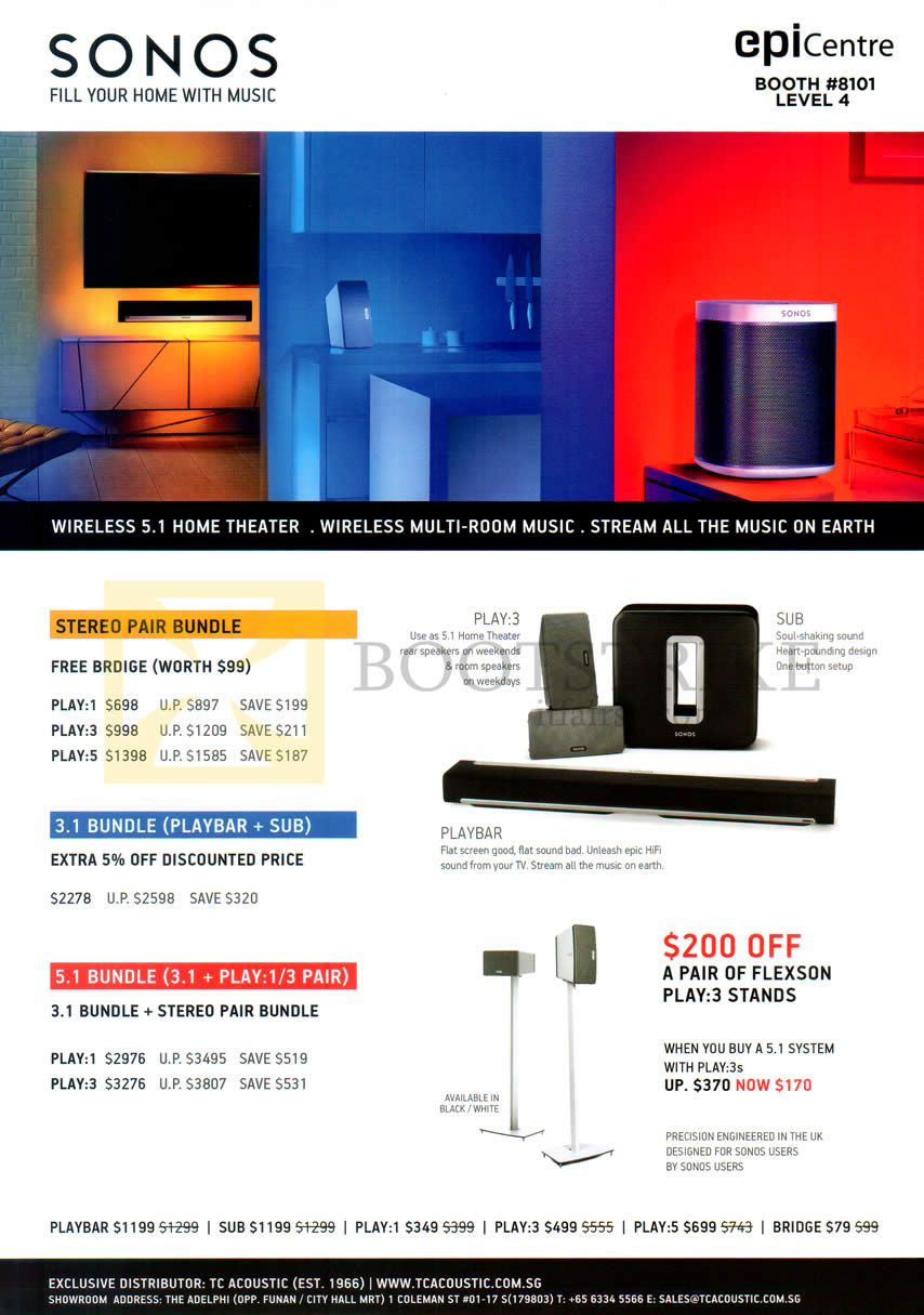 COMEX 2014 price list image brochure of Epicentre Sonos Wireless Home Theatre, Play-3, Sub, Playbar, Stereo Pair Bundle, 3.1 Bundle, 5.1 Bundle, Flexon