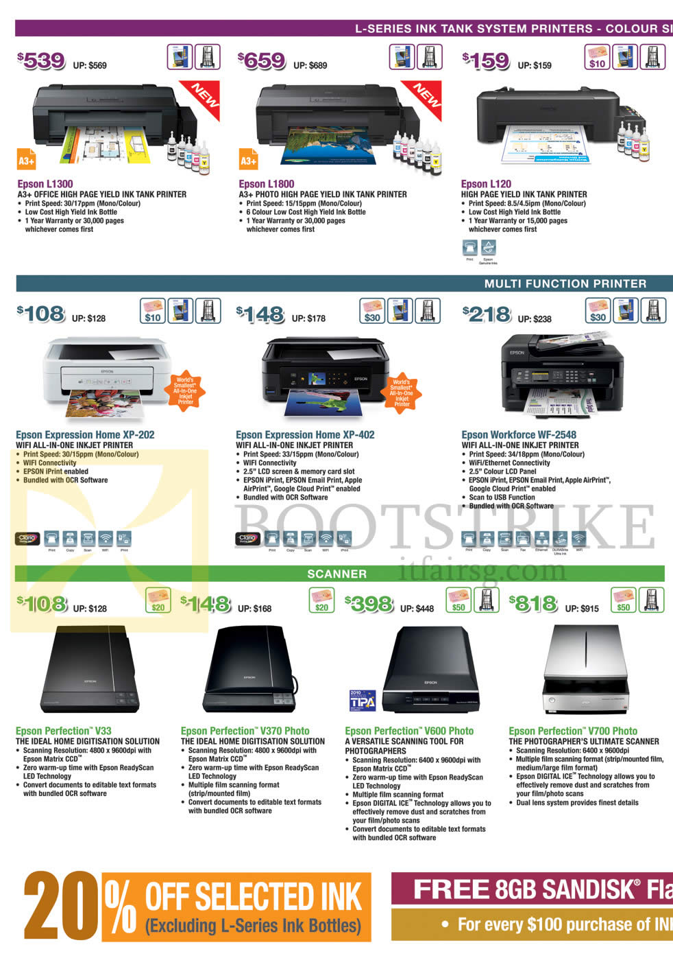 COMEX 2014 price list image brochure of Epson Printers, Scanners, L Series Ink Tank System Printers, Multi Function Printers, L1300, L1800, L120, Home XP-202, XP-402, WF-2548, Perfection V33, V370 Photo, V600, V700