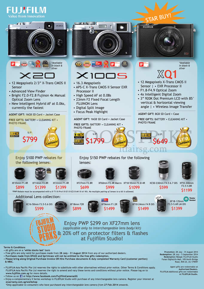 COMEX 2014 price list image brochure of Fujifilm Digital Cameras (No Prices) X20, X100s, XQ1, Purchase With Purchase Lens, Rebates