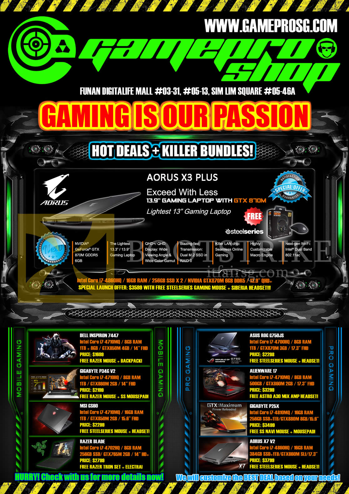 COMEX 2014 price list image brochure of Gamepro Notebooks Gaming Aorus X3 Plus, Dell Inspiron 7447, Gigabyte P34G V2, MSI GS60, Razer Blade, ASUS ROG G750JS, Alienware 17, Gigabyte P25X, Aorus X7 V2