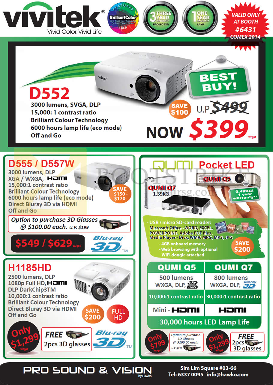 COMEX 2014 price list image brochure of Hawko Vivitek Projectors D552, D555, D557W, H1185HD, Qumi Pocket LED, Qumi Q5, Q7