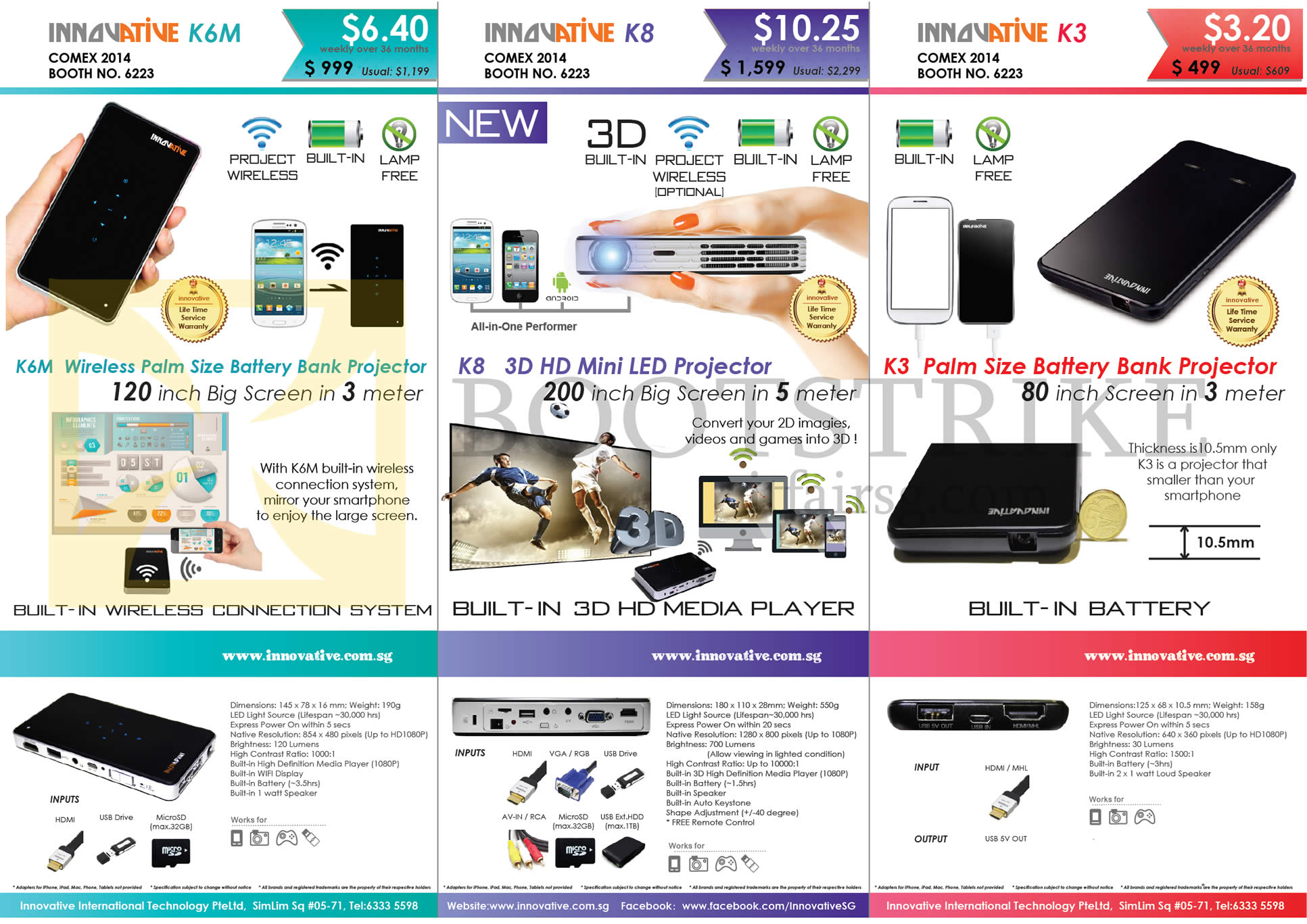 COMEX 2014 price list image brochure of Innovative K6M, K8, K3 Battery Bank Projector