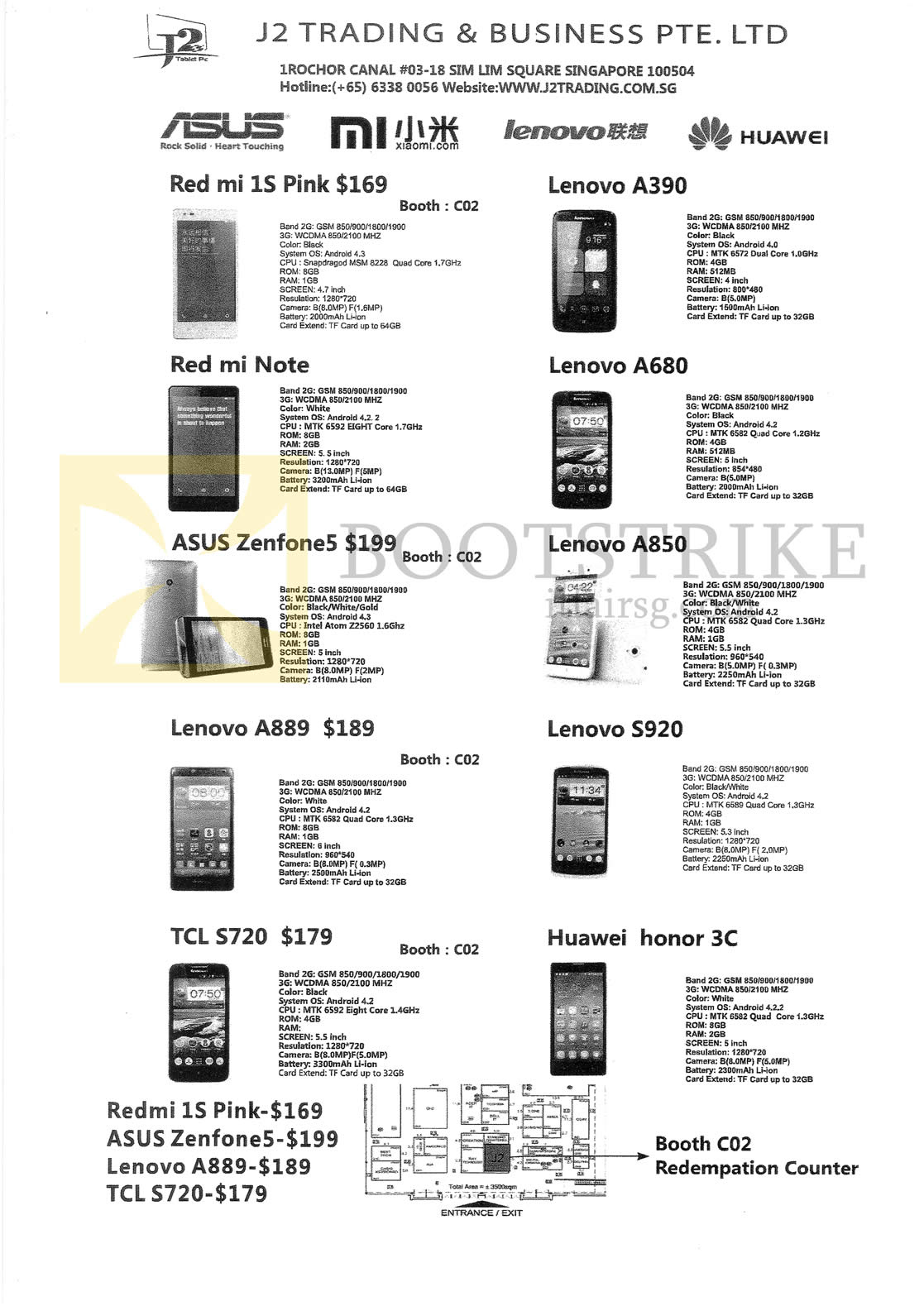 COMEX 2014 price list image brochure of J2 Trading Mobile Phones Redmi 1s Pink, Redmi Note, Asus Zenfone 5, Lenovo A889, A390, A680, A850, S920, Huawi Honor 3C, TCL S720