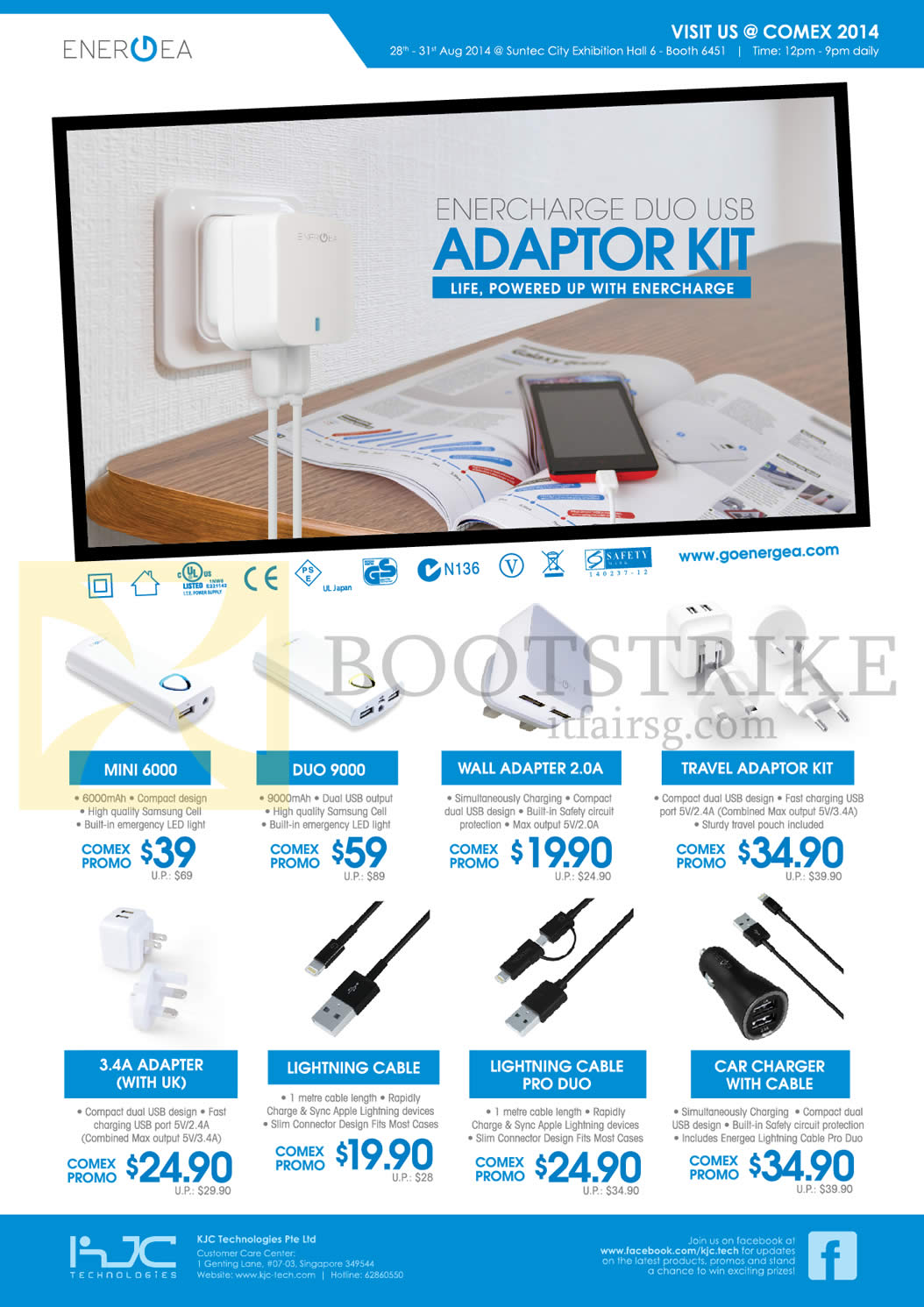 COMEX 2014 price list image brochure of KJC Technologies Adapter Kits Mini 6000, Duo 9000, Wall Adapter 2.0A, Travel Adaptor Kit, 3.4A Adapter, Lightening Cable, Pro Duo, Car Charger