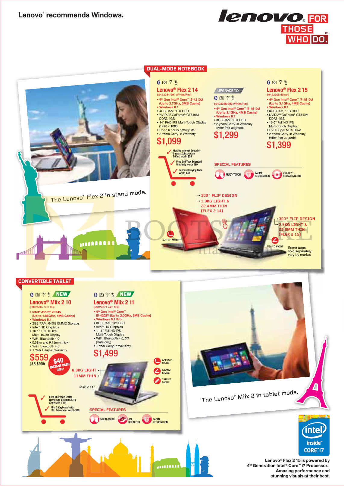 COMEX 2014 price list image brochure of Lenovo Notebooks Flex 2 14, Flex 2 15, Miix 2 10, Miix 2 11