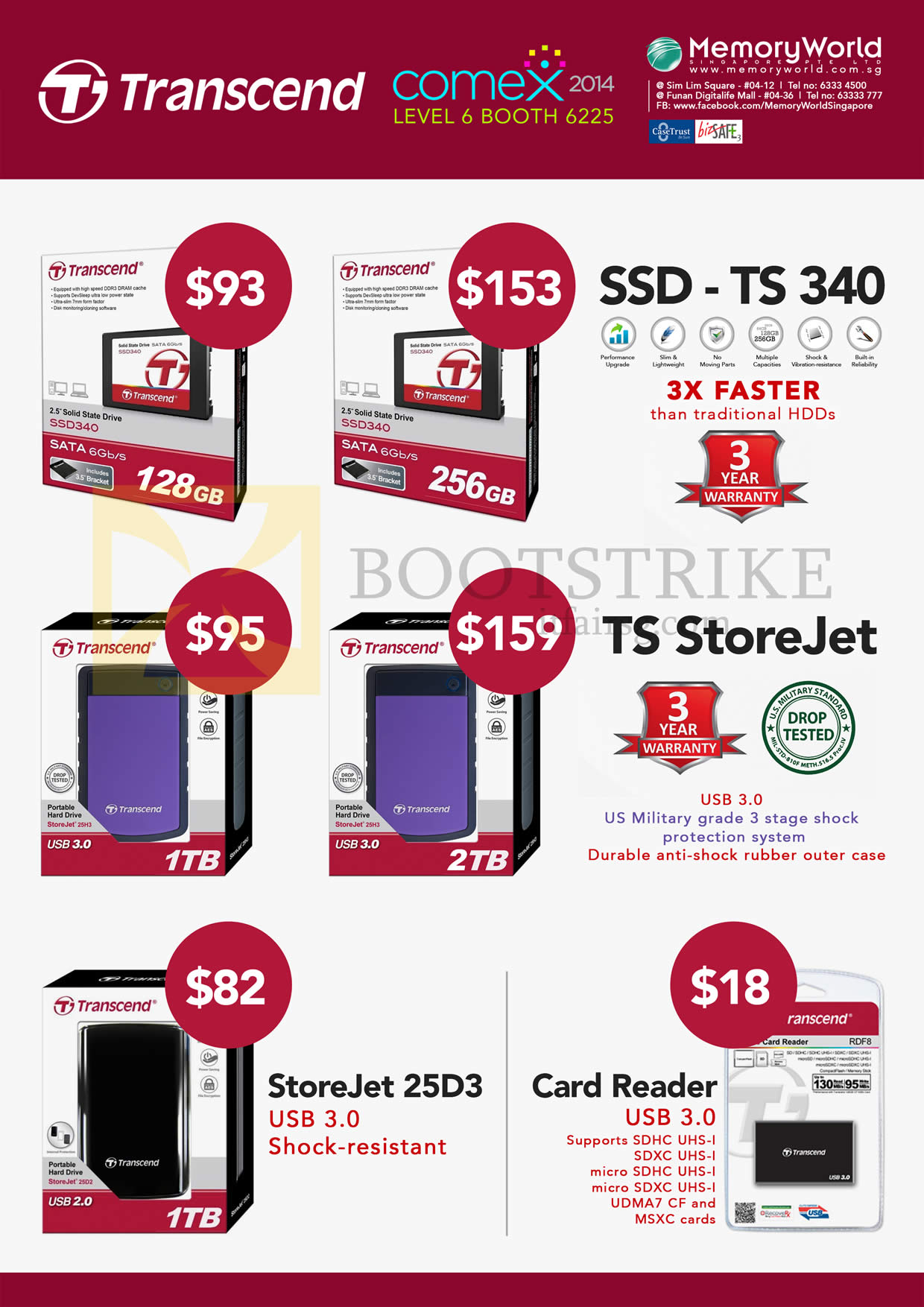 COMEX 2014 price list image brochure of Memory World Transcend SSD TS 340, External Storage TS StoreJet 1TB 2TB, 25D3, Card Reader