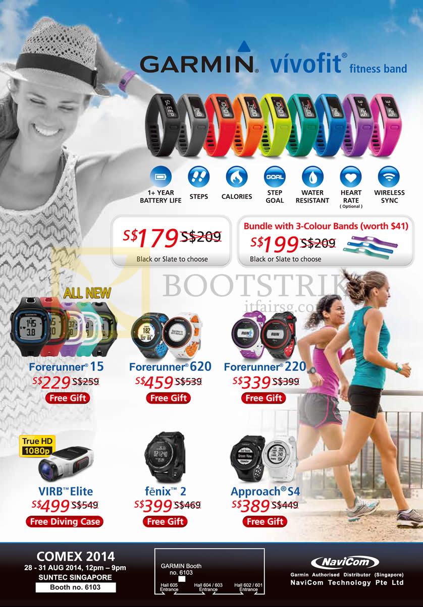 COMEX 2014 price list image brochure of Navicom Garmin Vivofit Fitness Band, Forerunner 15 620 220, Virb Elite, Fenix 2, Approach S4