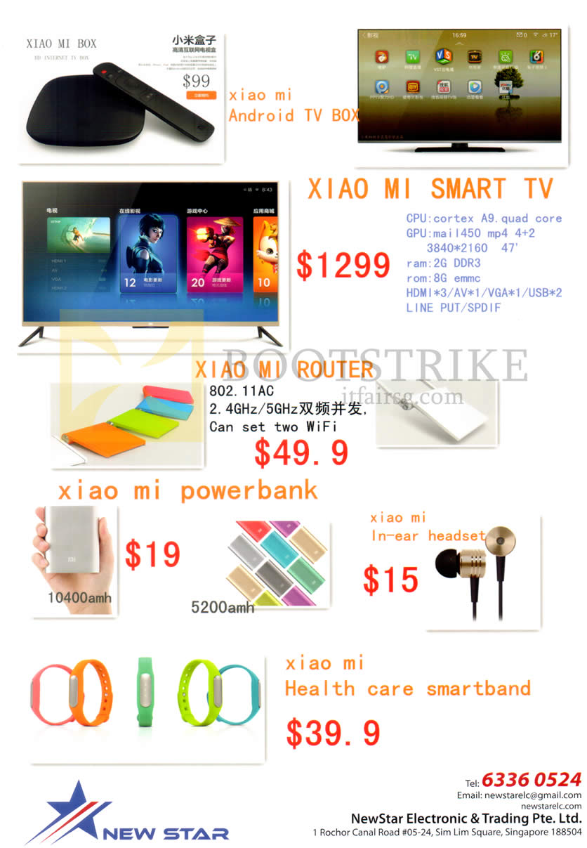 COMEX 2014 price list image brochure of NewStar Xiaomi Mi Android TV Box, Smart TV, Router, Power Bank, Earphones, Health Care Smartband