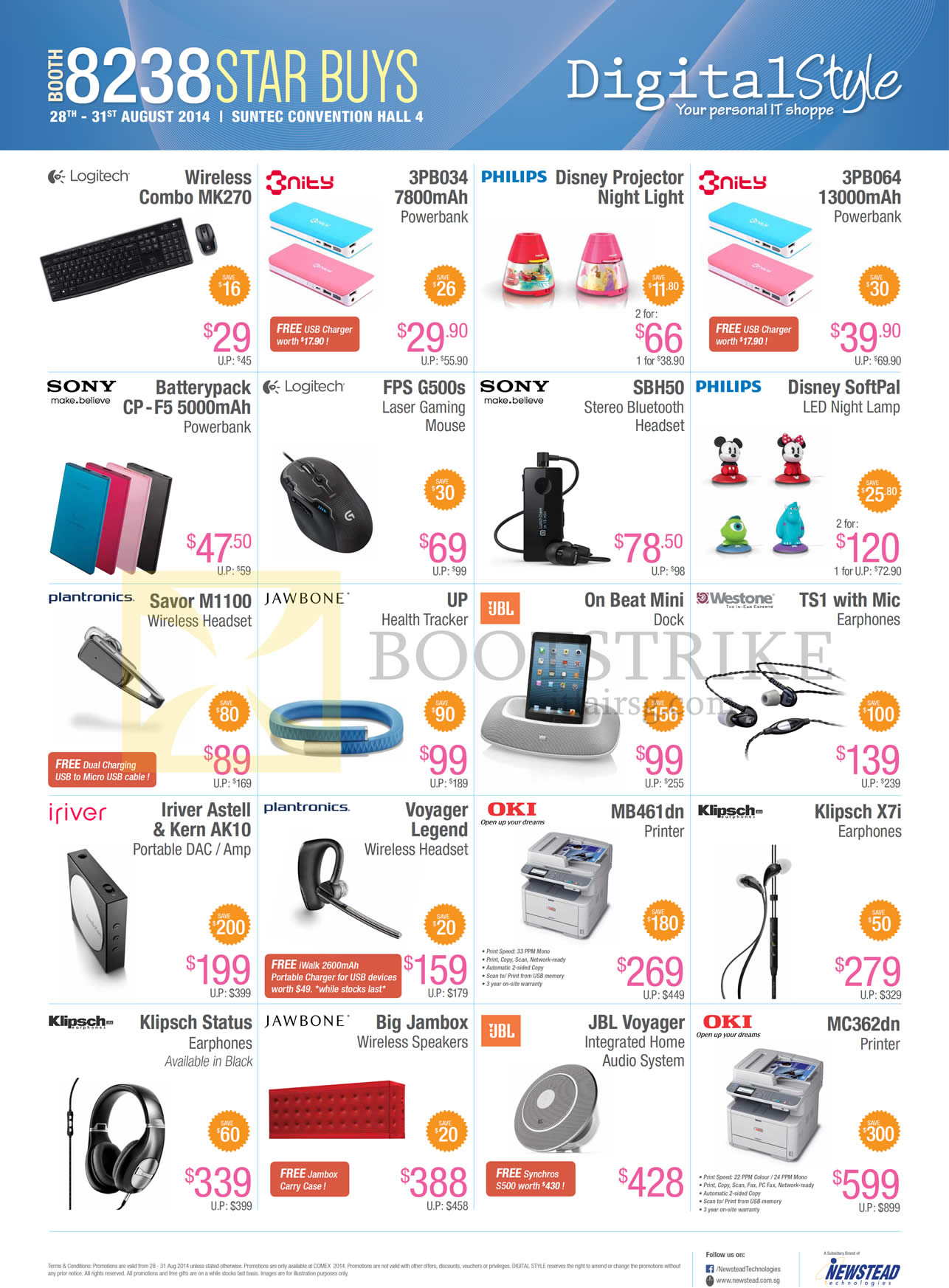 COMEX 2014 price list image brochure of Newstead Digital Style Accessories Power Banks, Wireless Headsets, Earphones, Mouse, Fitness Trackers, Speakers, Printer, LED Night Lamp