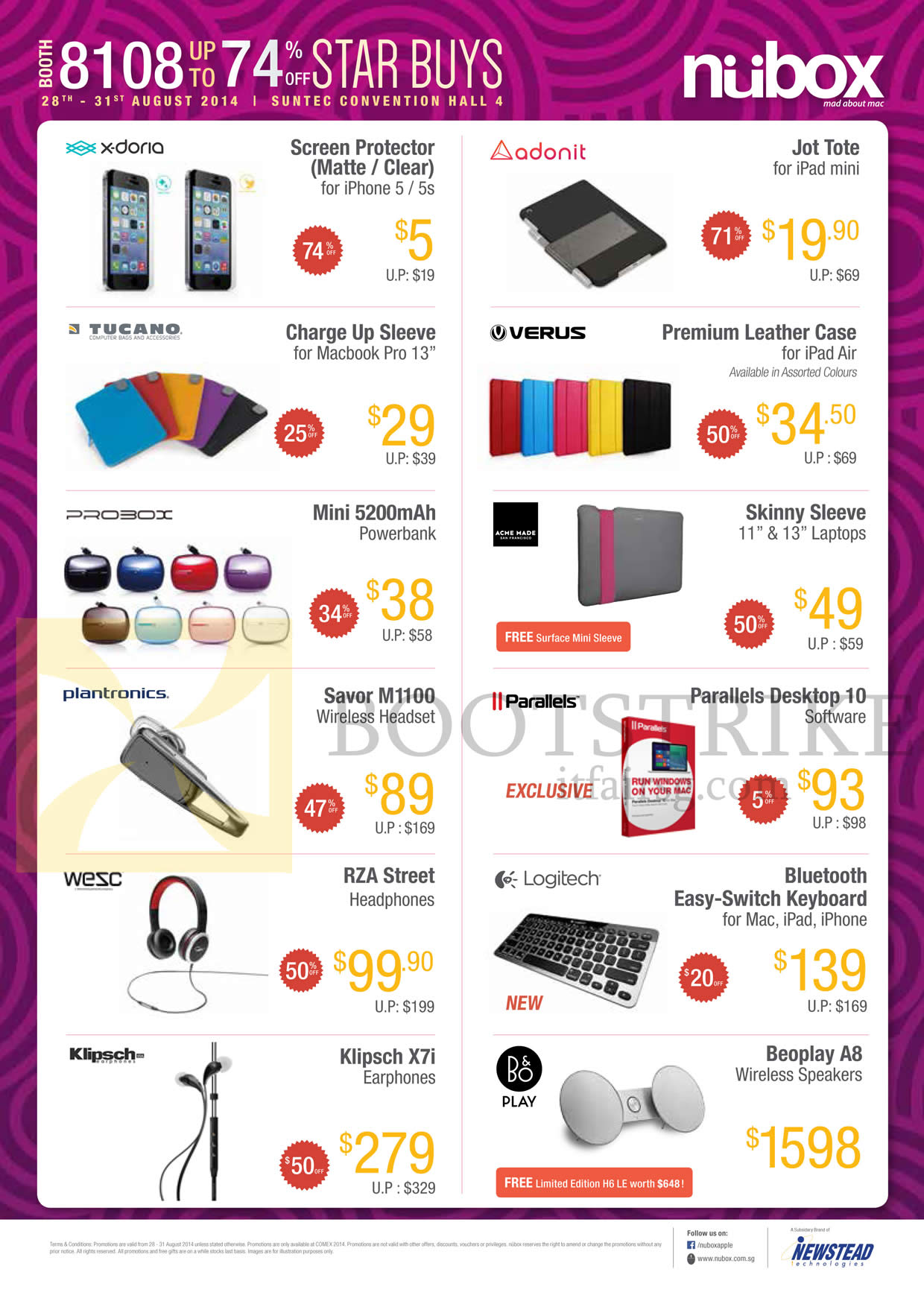 COMEX 2014 price list image brochure of Nubox Accessories Headphones, Powerbank, Earphones, Software, Wireless Speakers, Laptop Sleeves, Screen Protectors, Macbook Sleeves