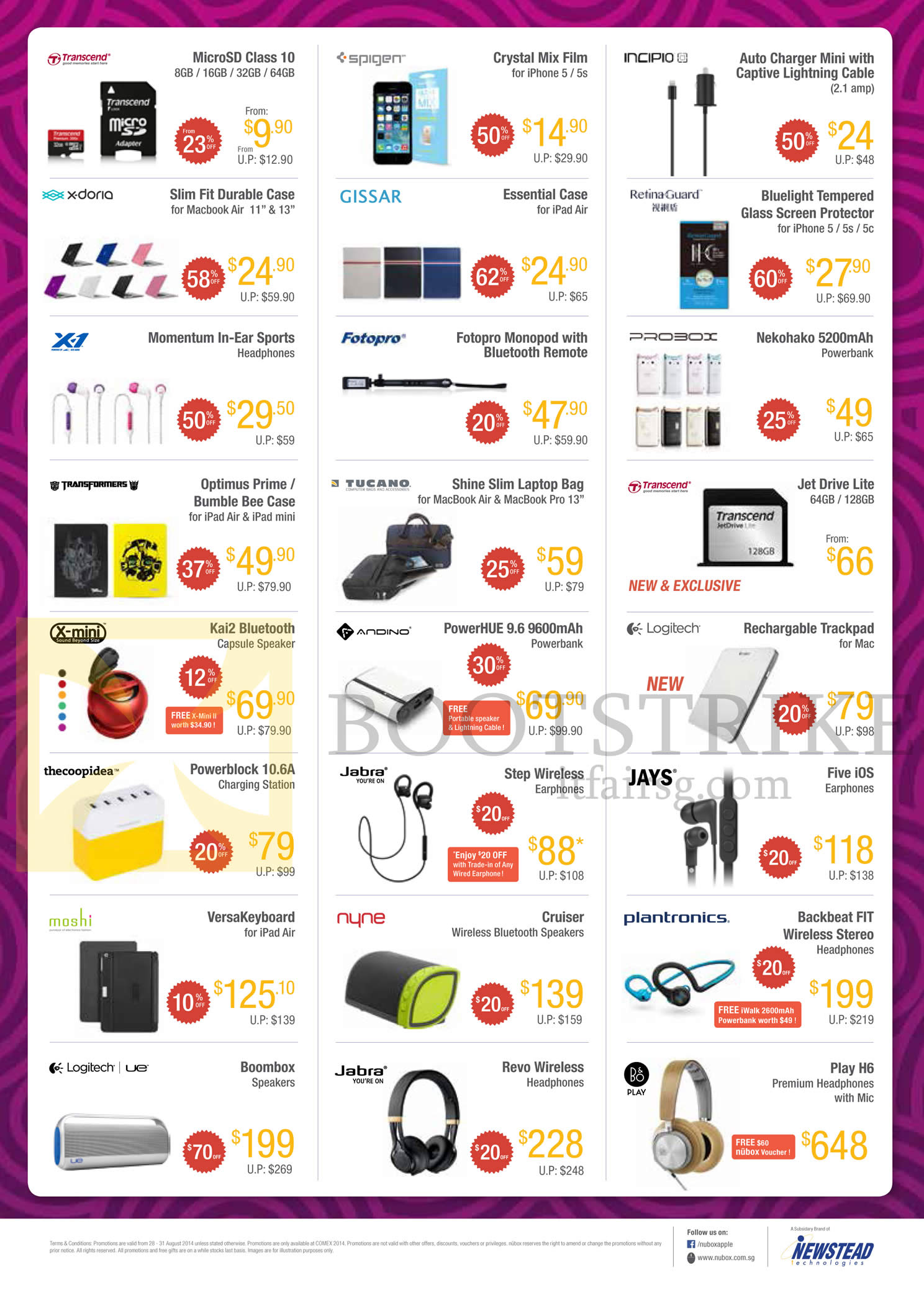 COMEX 2014 price list image brochure of Nubox Accessories SD Cards, Cases, Headphones, Speakers, Keyboard, Earphones, Powerbanks, Screen Protectors, Lightning Cables