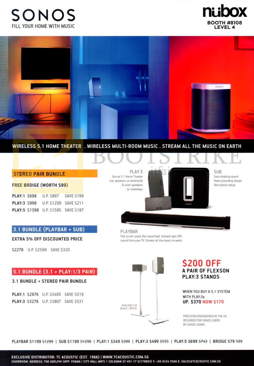 COMEX 2014 price list image brochure of Nubox Sonos Wireless Home Theatre, Play-3, Sub, Playbar, Stereo Pair Bundle, 3.1 Bundle, 5.1 Bundle, Flexon