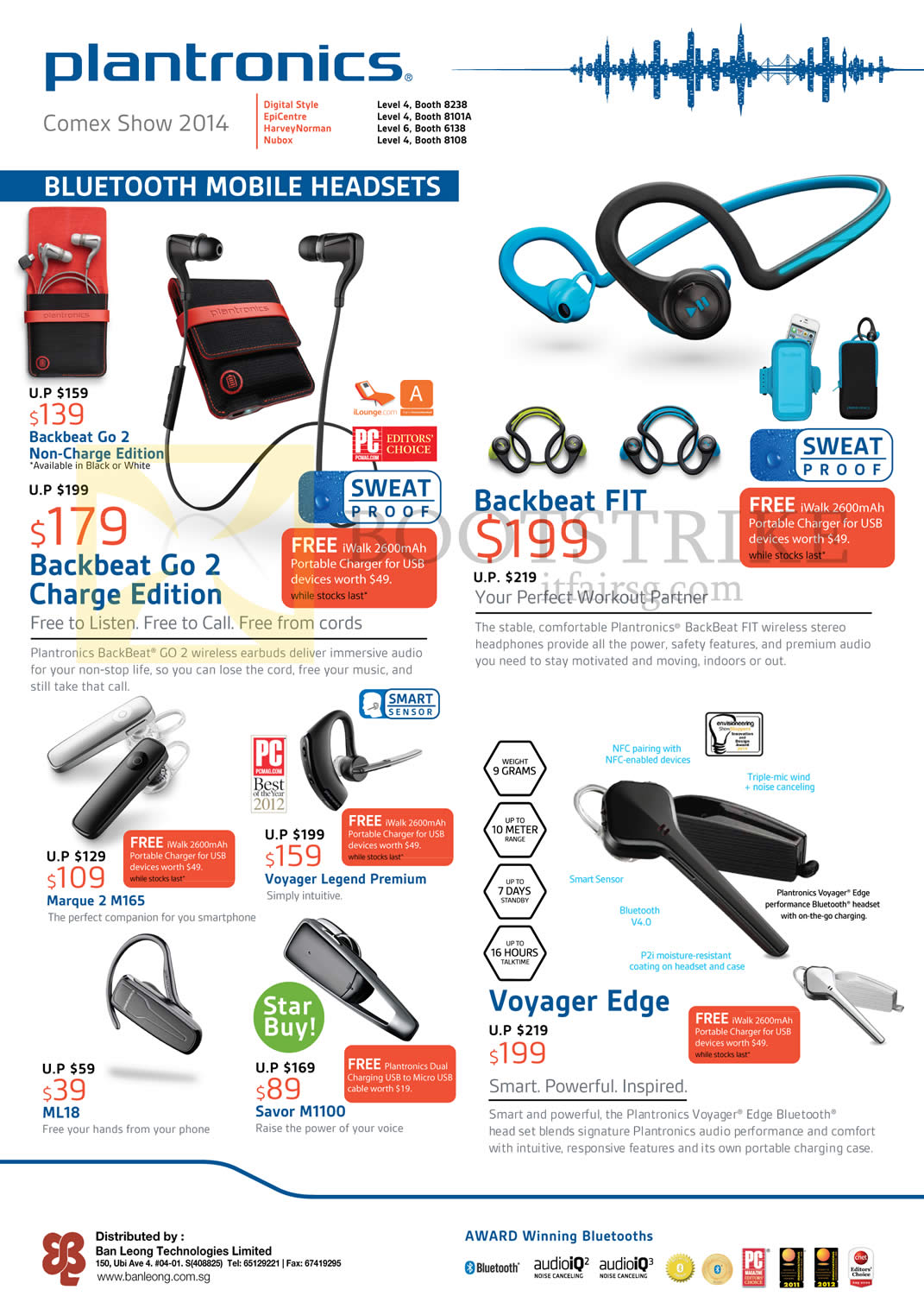 COMEX 2014 price list image brochure of Plantronics Bluetooth Mobile Headsets Backbeat Go2, FIT, Voyager Edge, Marque 2 M165, ML18, Savor M1100, Voyager Legend Premium