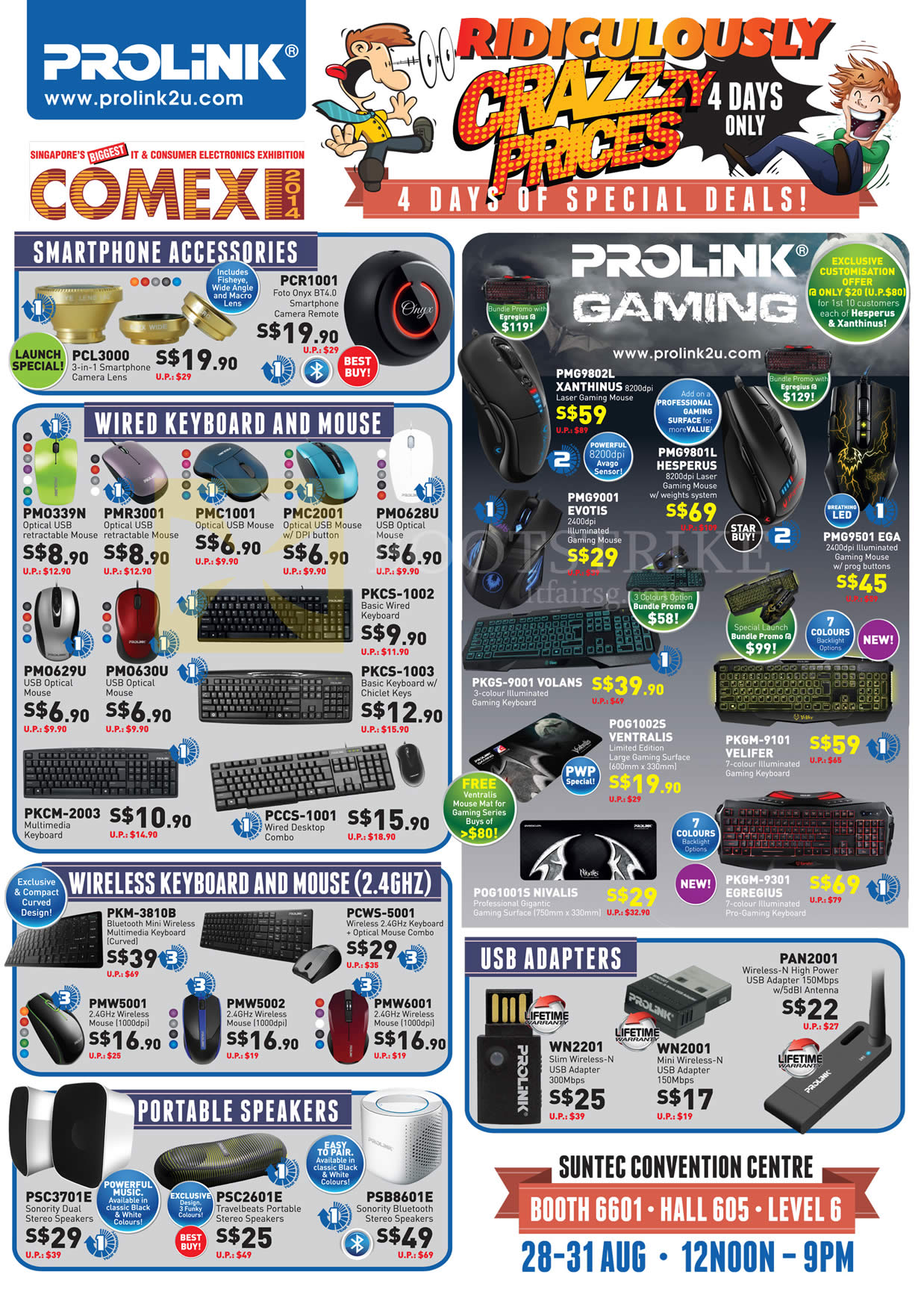 COMEX 2014 price list image brochure of Prolink Smartphone Accessories, Keyboard, Wired Gaming Mouse, Speakers, Wireless USB Adapters