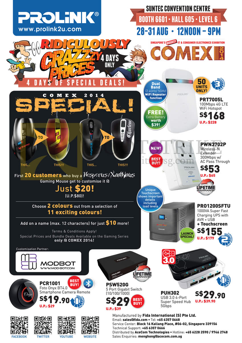 COMEX 2014 price list image brochure of Prolink Wireless Hotspot, Range Extender, UPS, Hub, Switch, Foto Onyx Smartphone Camera Remote