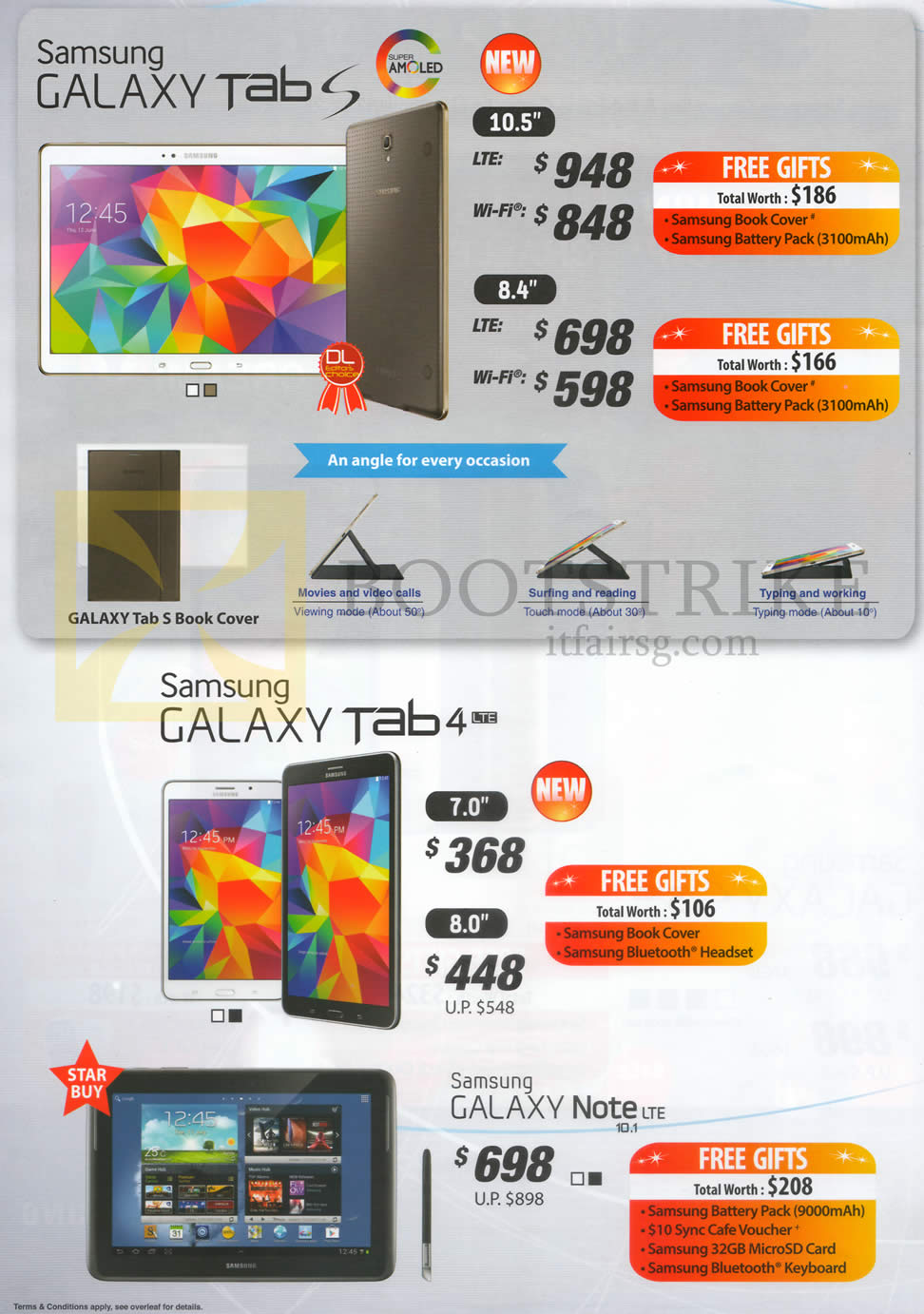 COMEX 2014 price list image brochure of Samsung Galaxy Tab S 10.5, Galaxy Tab S 8.4, Galaxy Tab 4 7.0, Galaxy Tab 4 8.0, Galaxy Note 10